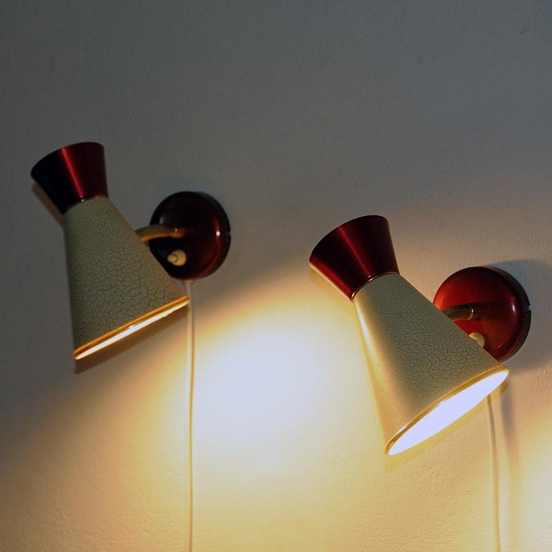 Swedish Beige and Red Metal Vintage Pair of Cone Wall Sconces by, 1950s In Good Condition For Sale In Stockholm, SE
