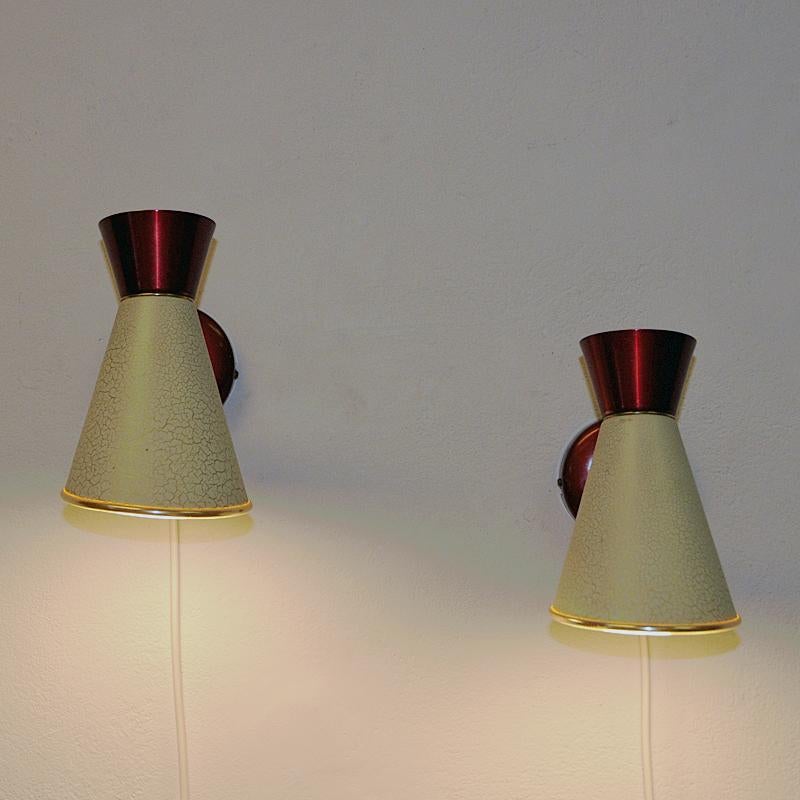 Mid-20th Century Swedish Beige and Red Metal Vintage Pair of Cone Wall Sconces by, 1950s For Sale
