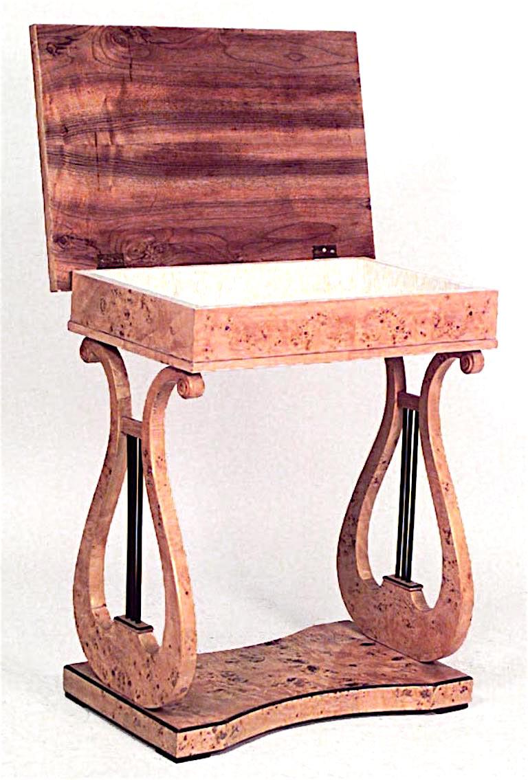 Swedish Biedermeier (19th Century) birch and black trimmed rectangular end table with platform base and lyre sides
