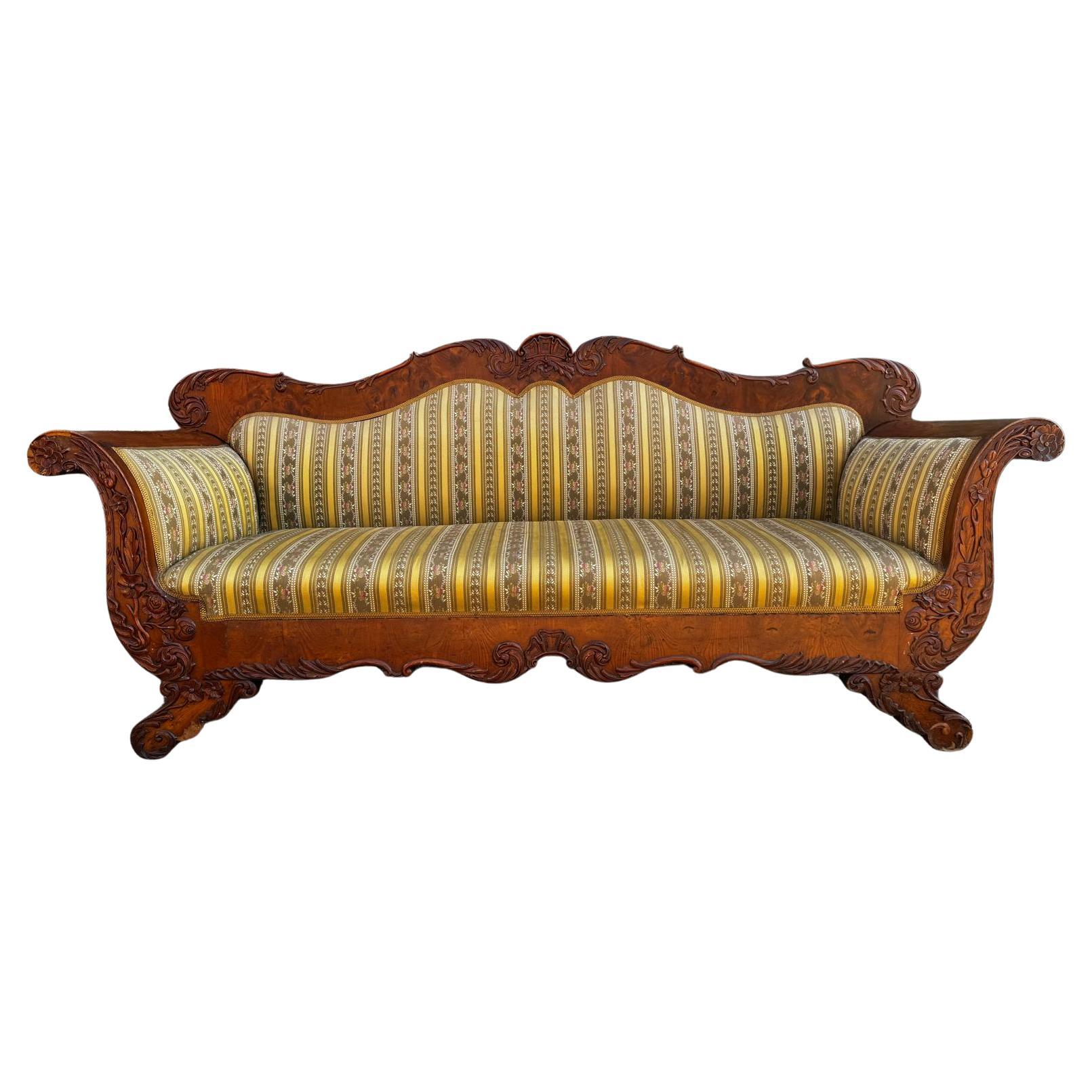 Swedish Biedermeier Carved Sofa Quilted Golden Birch 19th Century Antique A