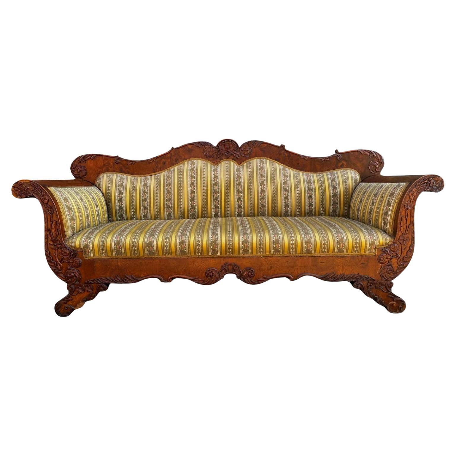 Swedish Biedermeier Carved Sofa Quilted Golden Birch 19th Century Antique A