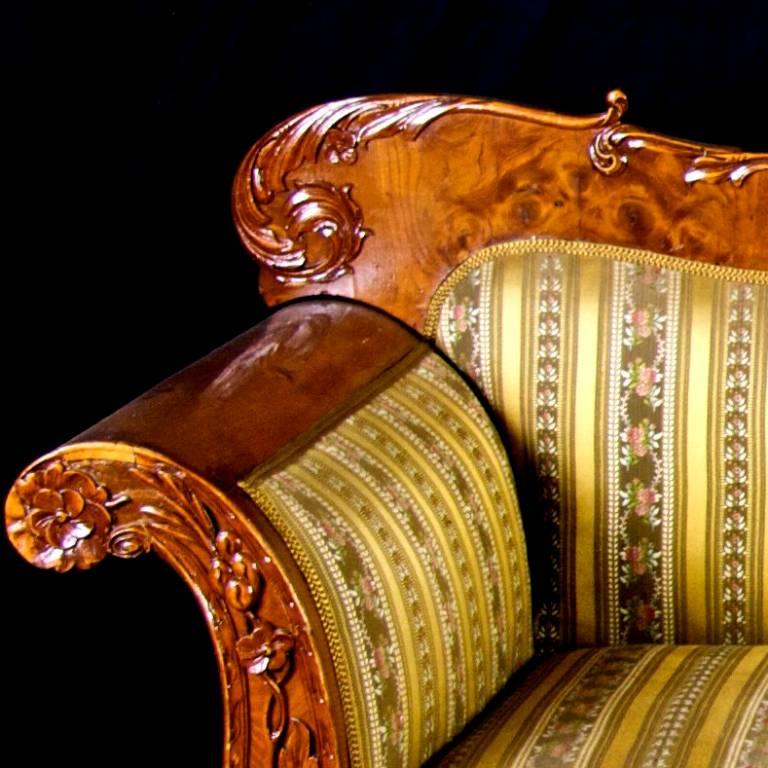 Veneer Swedish Biedermeier Carved Sofa Quilted Golden Birch 19th Century Antique For Sale