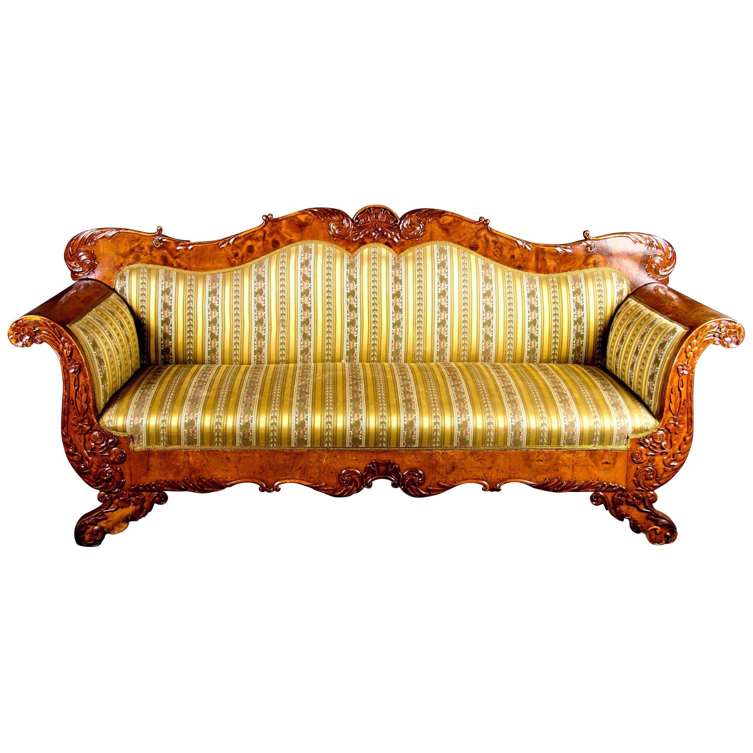 Swedish Biedermeier Carved Sofa Quilted Golden Birch 19th Century Antique