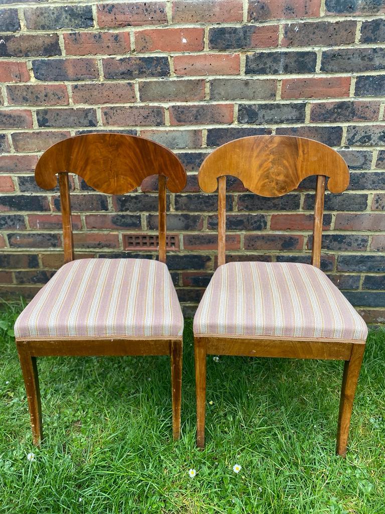 Delicious and unusual set of 4 antique Swedish flame golden birch Biedermeier dining chairs from C1870-1900 with the distinctive curved seat back, carved central motif and gracefully curved front legs.

The top grade flame veneers are brought to