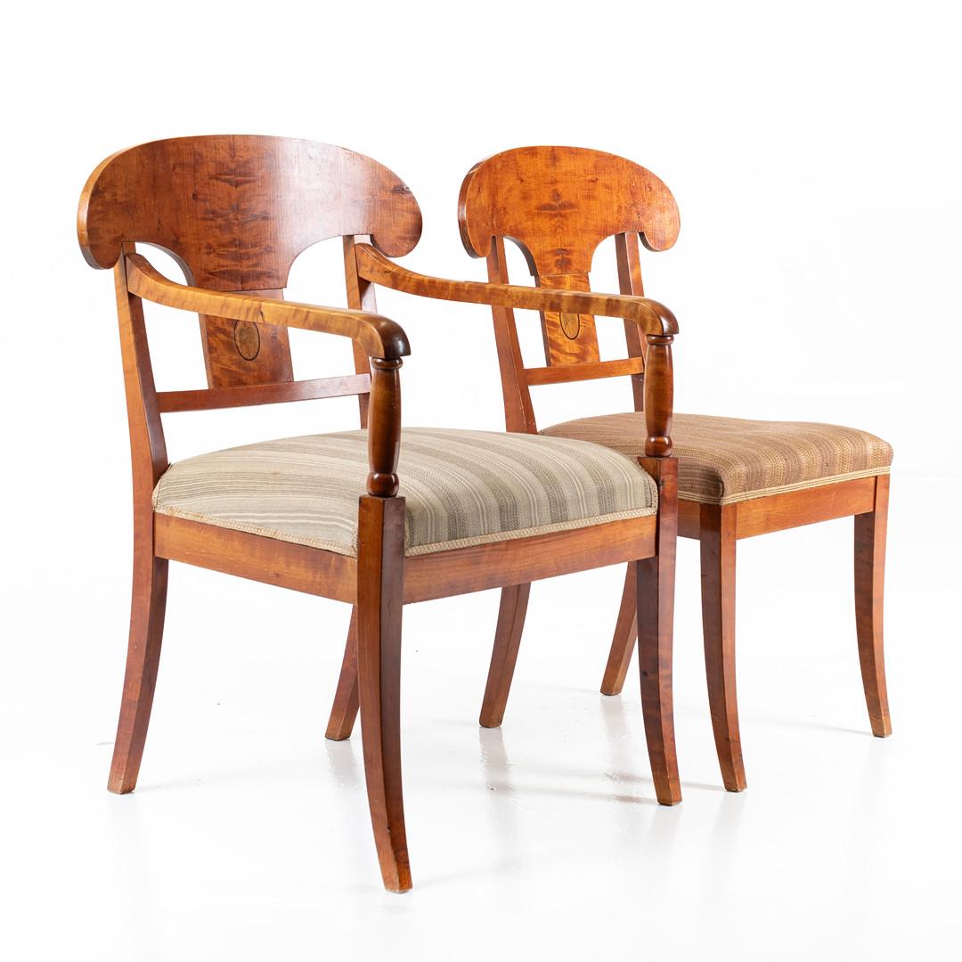 Carved Swedish Biedermeier Dining Chairs Set of 6 Flame Golden Birch Honey Colour Inlay For Sale
