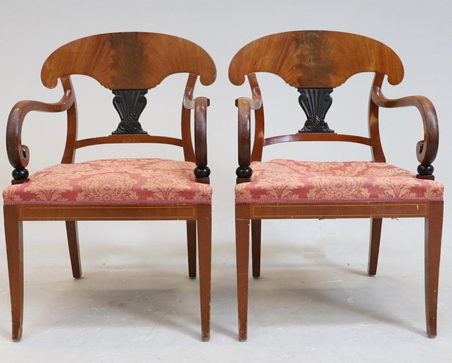 Carved Swedish Biedermeier Dining Chairs Set of 6 Flame Mahogany Antique Deco A For Sale
