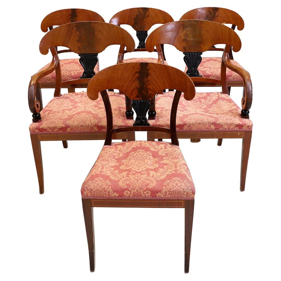 Ensemble de 6 chaises de salle à manger Biedermeier suédoises de style Art Déco ancien en acajou flammé