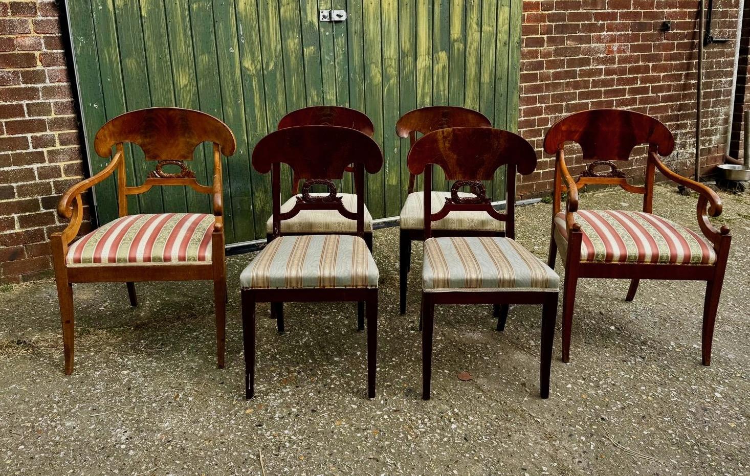 Swedish Biedermeier Dining Chairs Set of 6 veneer Golden Birch 1800s In Good Condition For Sale In Lewes, England