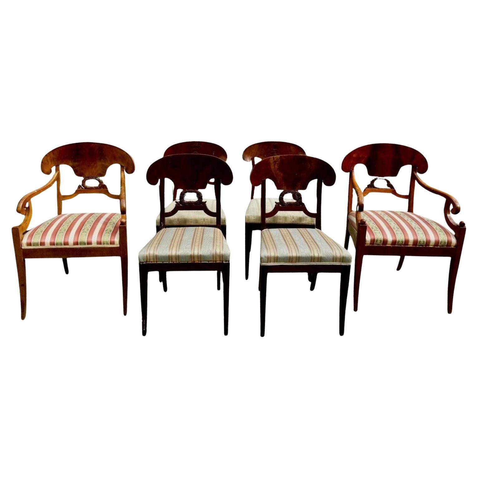Swedish Biedermeier Dining Chairs Set of 6 veneer Golden Birch 1800s For Sale