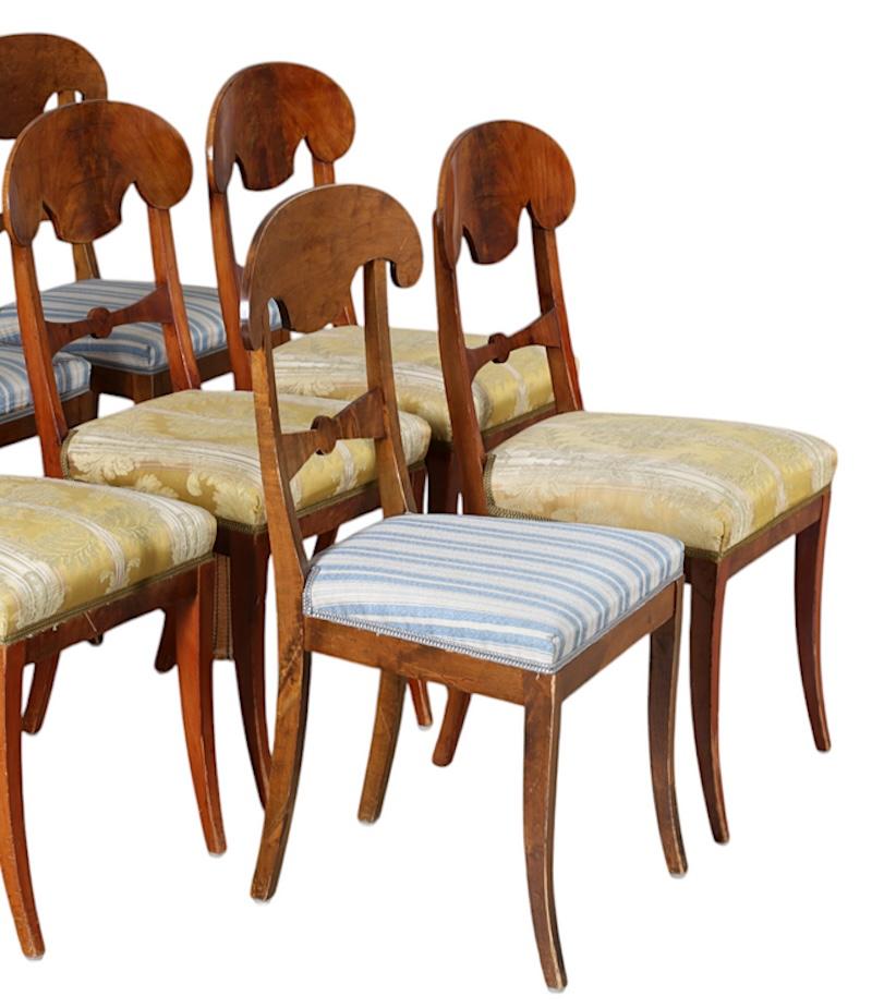 Carved Swedish Biedermeier Dining Chairs Set of 8 Flame Golden Birch Honey Inlay