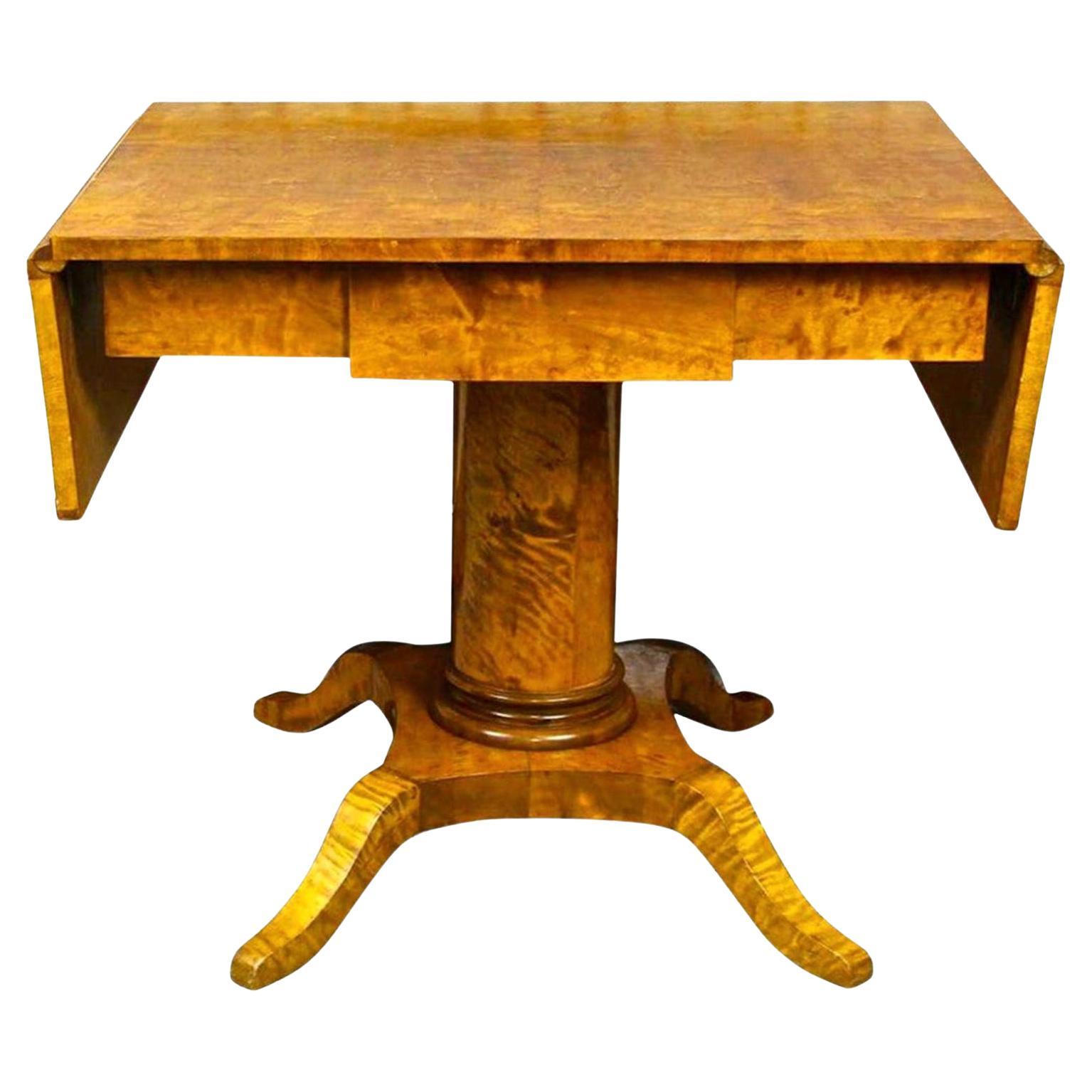 Swedish Biedermeier Drop-Leaf Pedestal Table Golden Birch Tiger Stripe 1800s