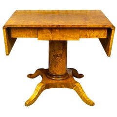 Antique Swedish Biedermeier Drop-Leaf Pedestal Table Golden Birch Tiger Stripe