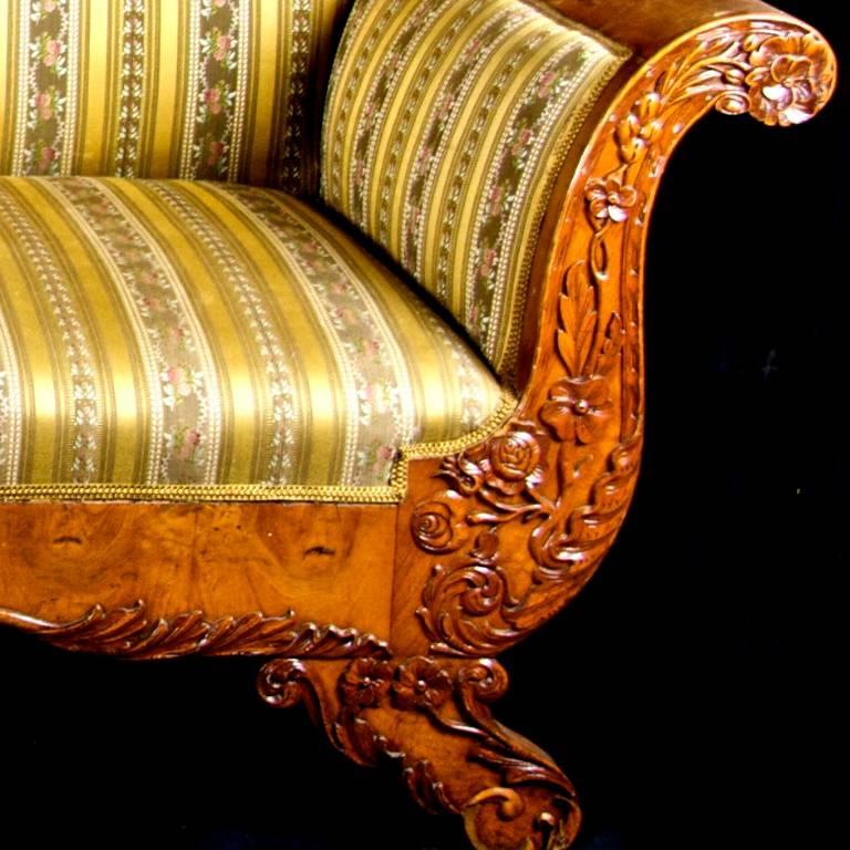 Swedish Biedermeier Empire Carved Sofa Quilted Golden Birch 19th Century Antique In Good Condition In LONDON, GB