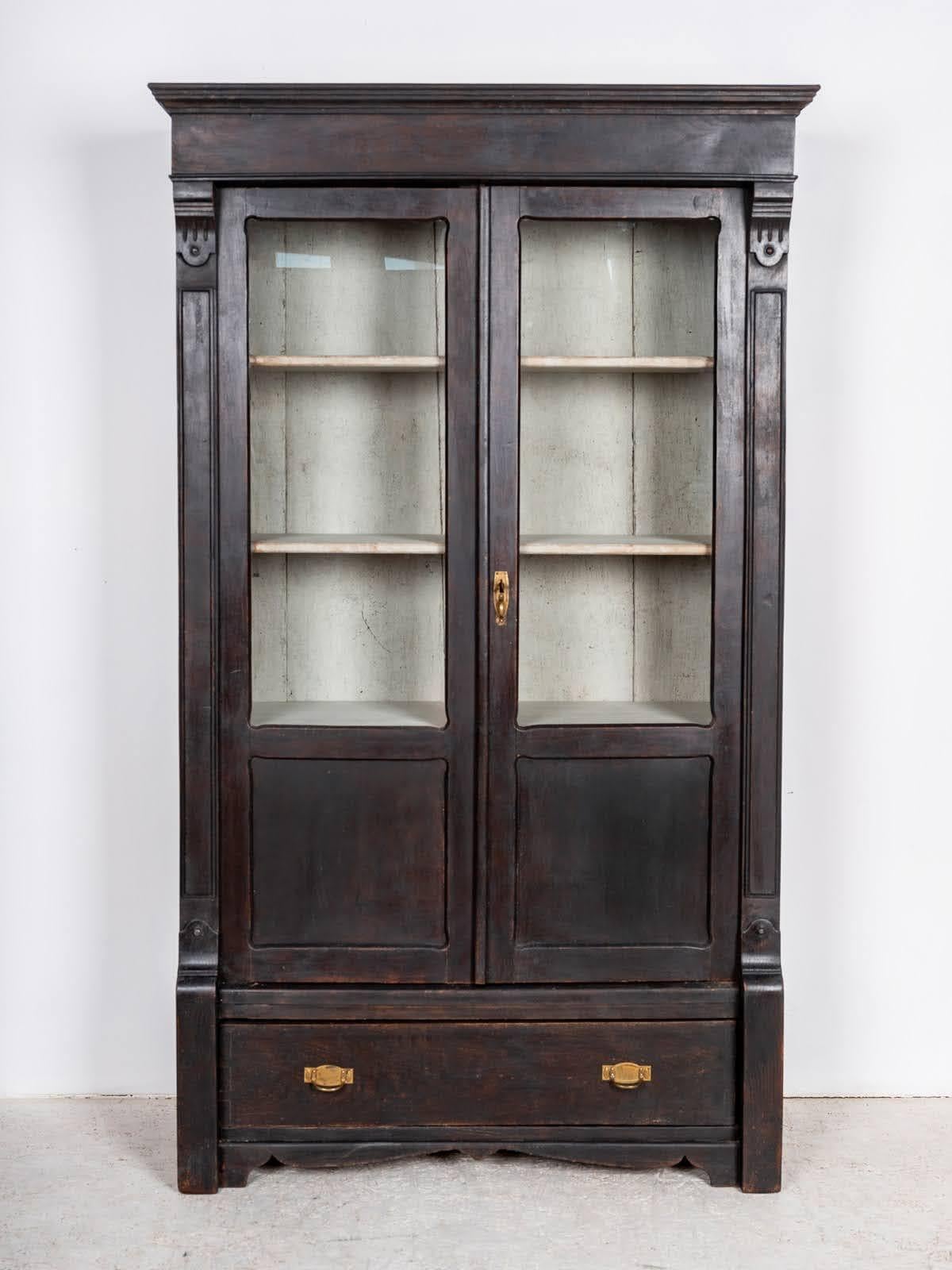 Swedish Biedermeier Glass Front Linen Press Book Case Cabinet Marquetry Black