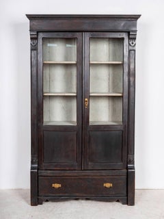 Swedish Biedermeier Glass Front Linen Press Book Case Cabinet Marquetry Black