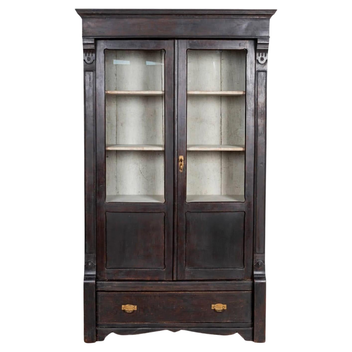 Swedish Biedermeier Glass Front Linen Press Book Case Cabinet Marquetry Black