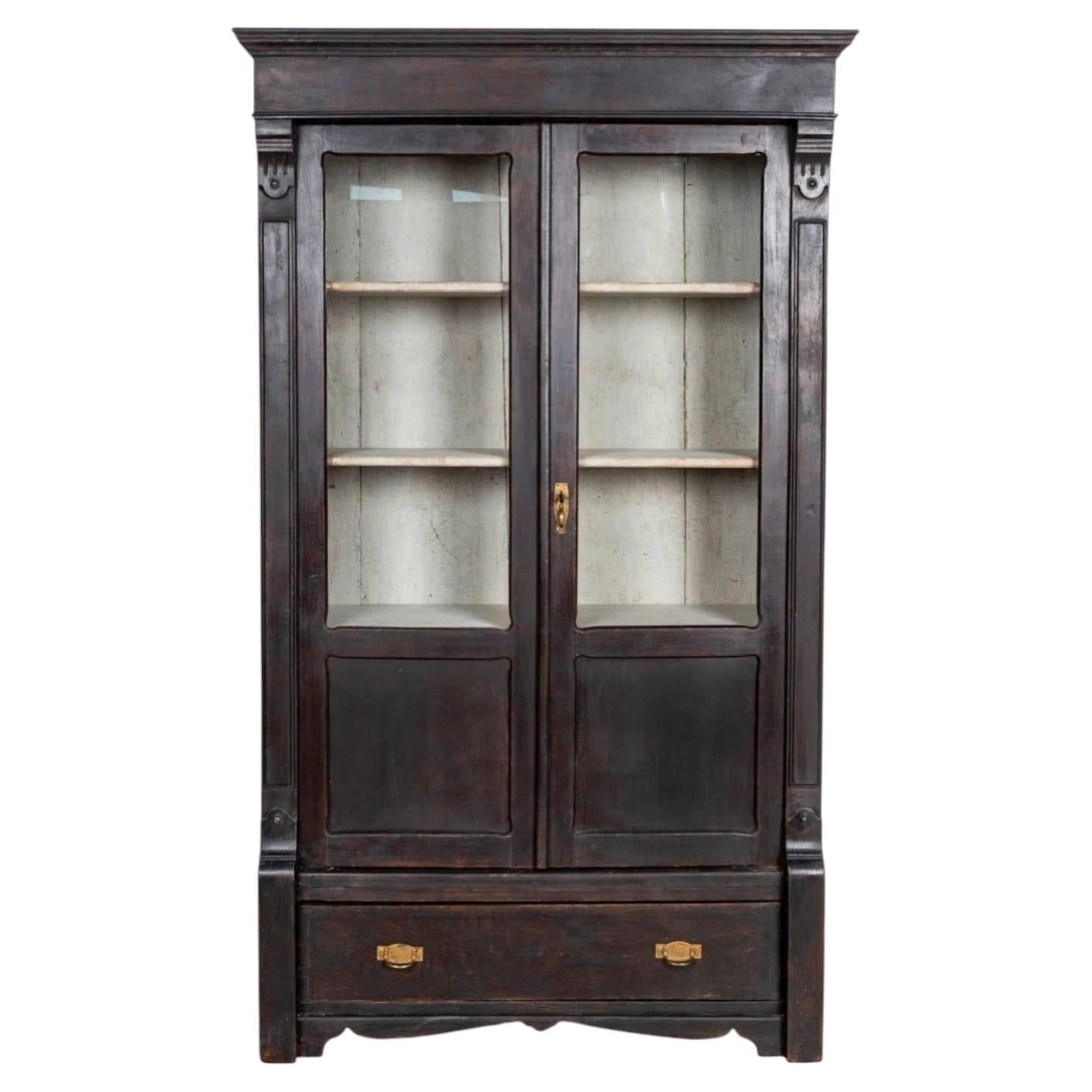 Swedish Biedermeier Glass Front Linen Press Book Case Cabinet Marquetry Black