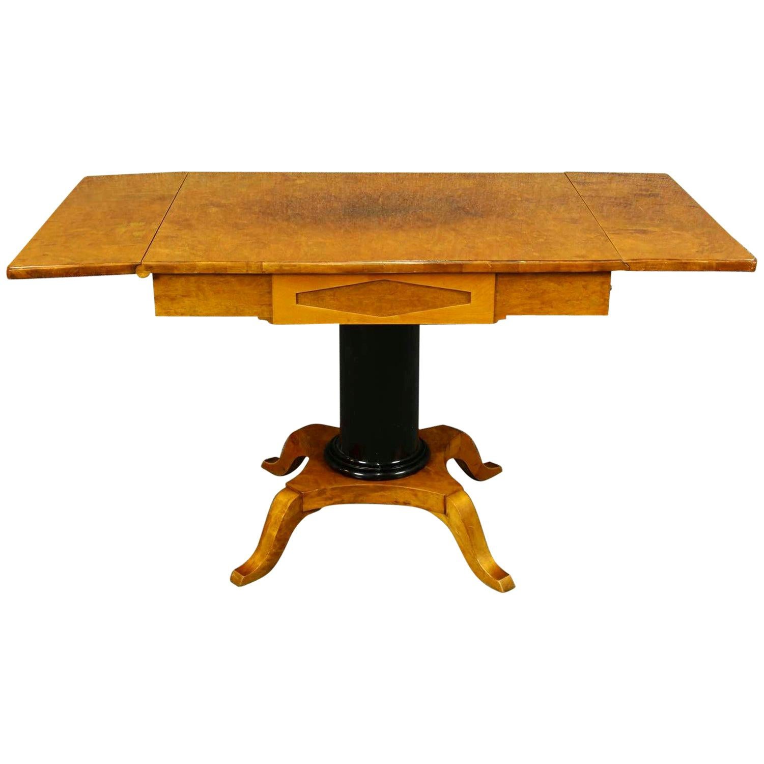 Swedish Biedermeier Pedestal Drop-Leaf Table Empire Golden Birch Ormolu Style For Sale