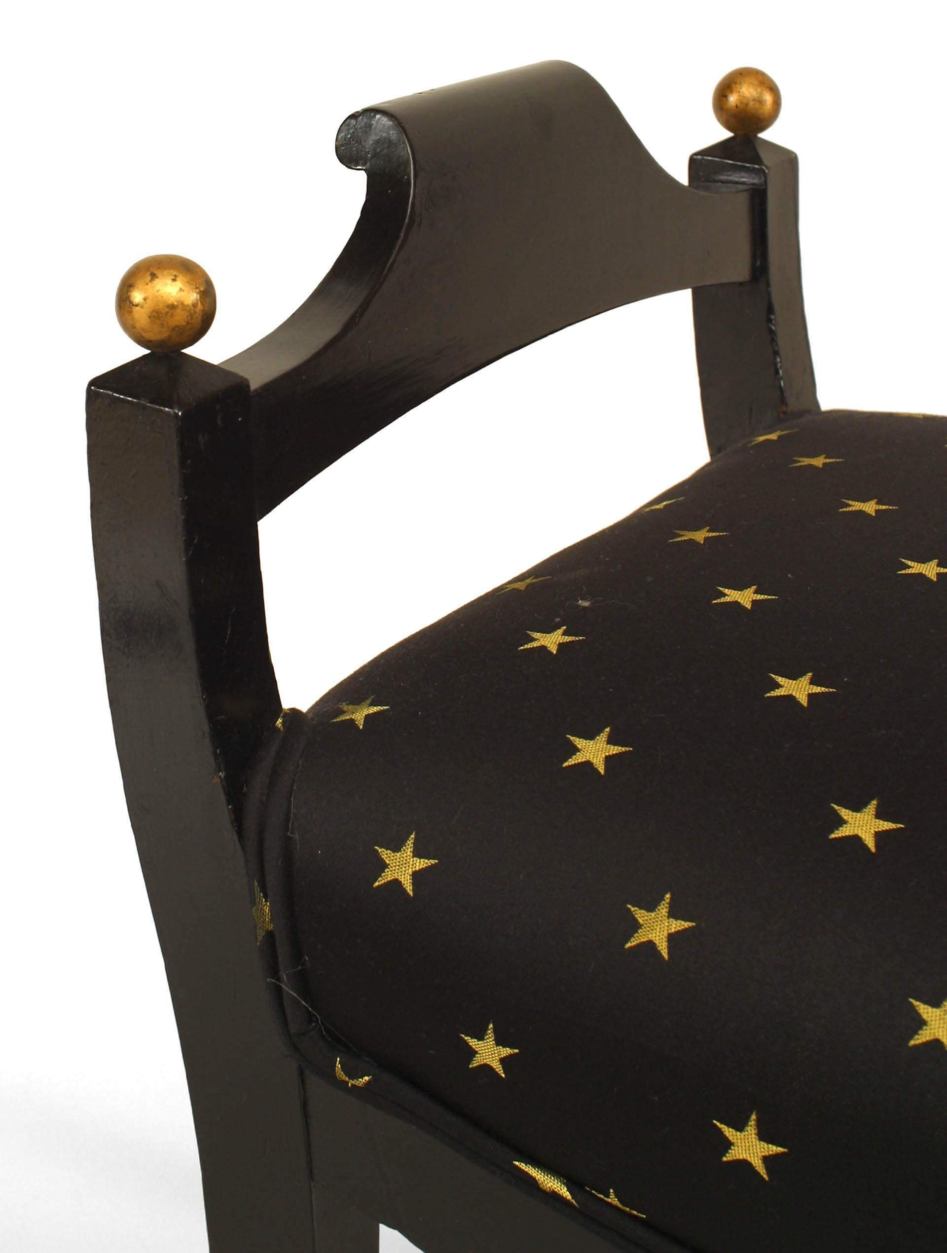 Swedish Biedermeier style (20th Century) black lacquered bench with side arms and black upholstered seat with gold star design.
