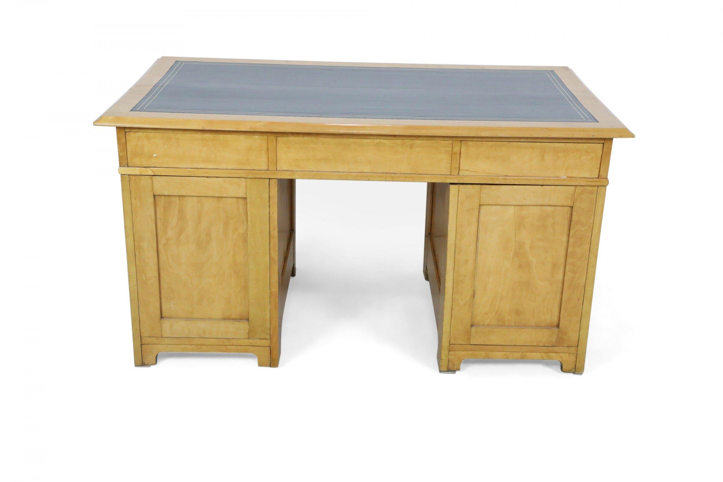 Leather Swedish Biedermeier Style Birch Kneehole Desk For Sale
