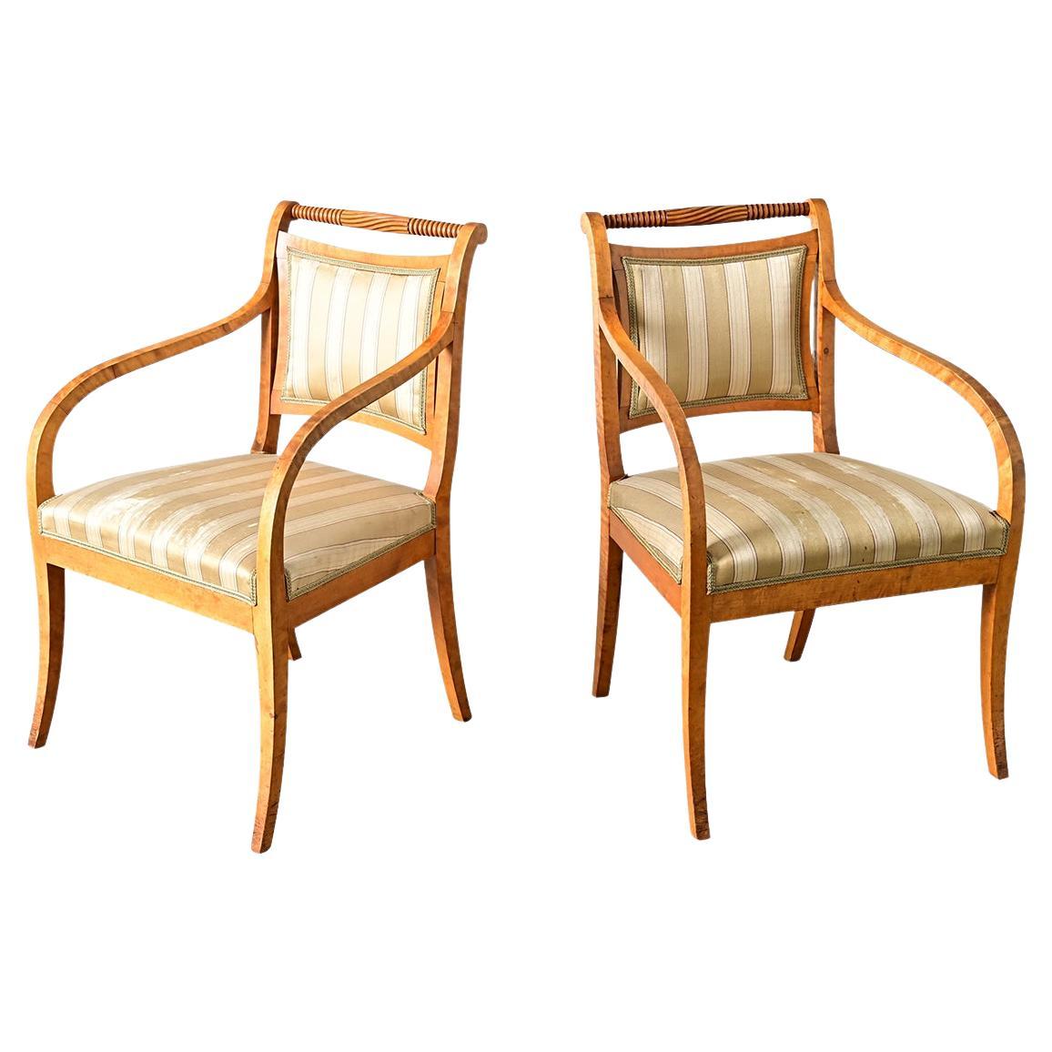 Swedish Biedermeier Style Pair of Carved Birch Armchairs