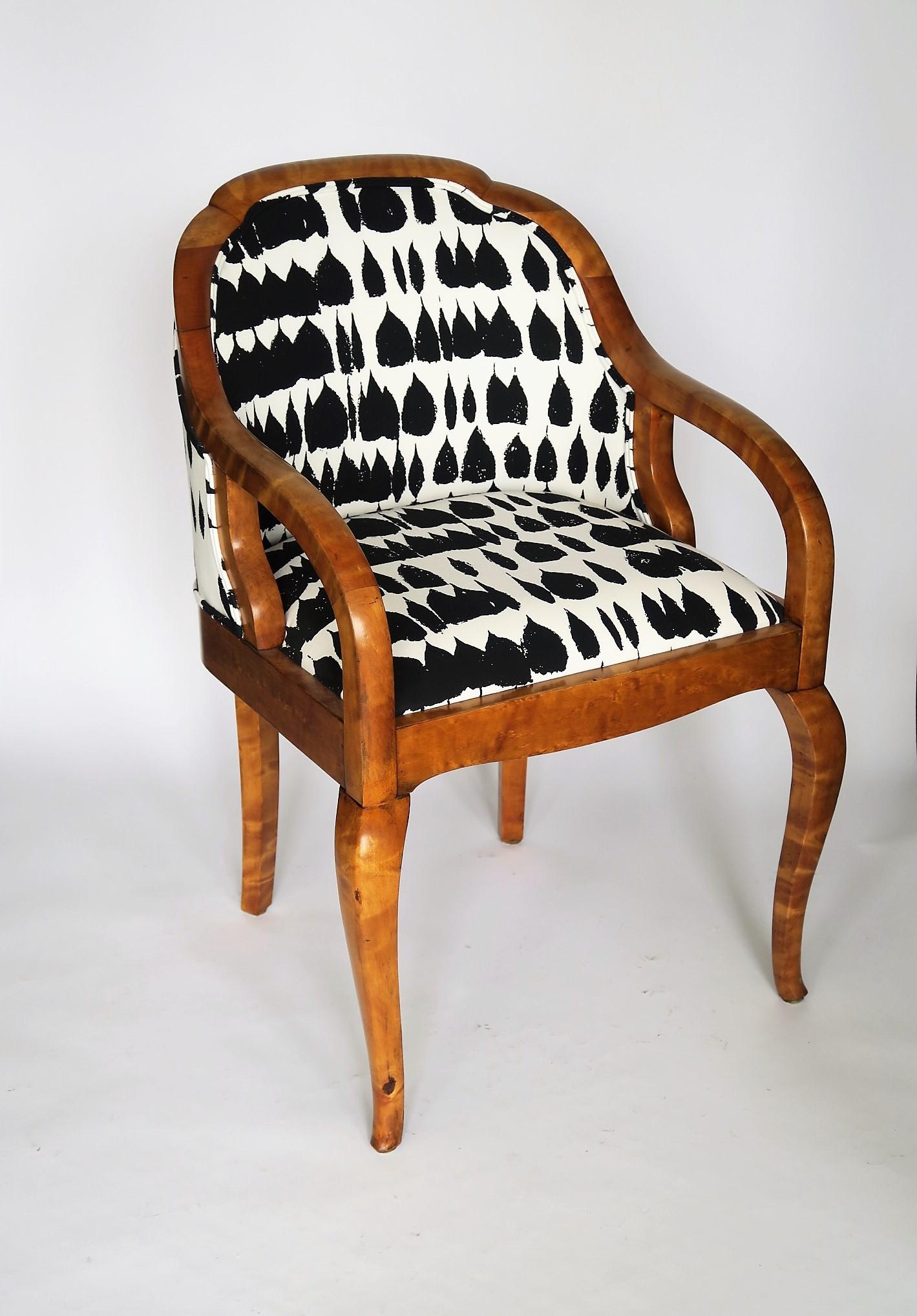 Single 19th century Swedish Biedermeier armchair constructed of birch wood and newly upholstered in Schumacher 