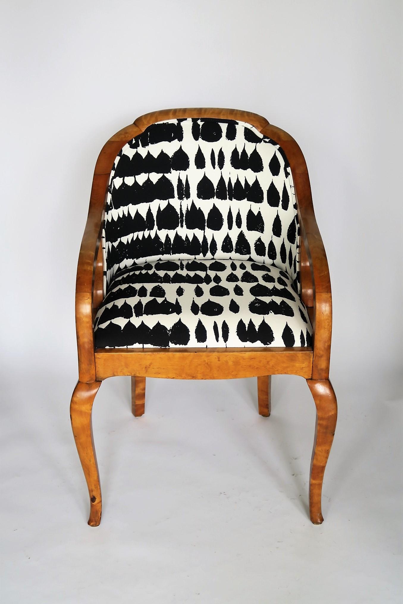Hand-Crafted Swedish Birch Accent Biedermeier Armchair with Black and White Fabric circa 1890