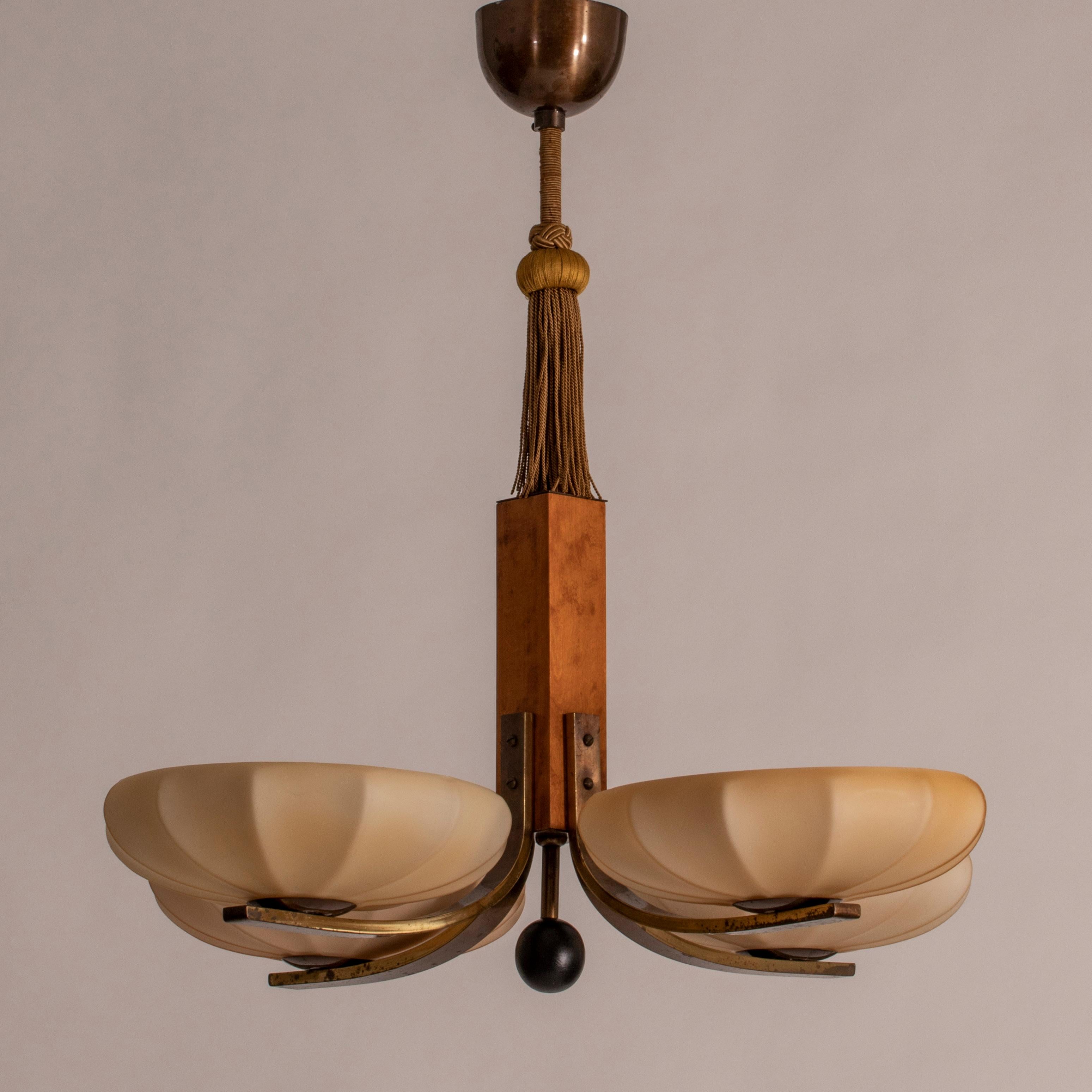 Swedish Birch, Brass and Case Glass Four Arm Chandelier, Circa 1935 In Good Condition In Philadelphia, PA