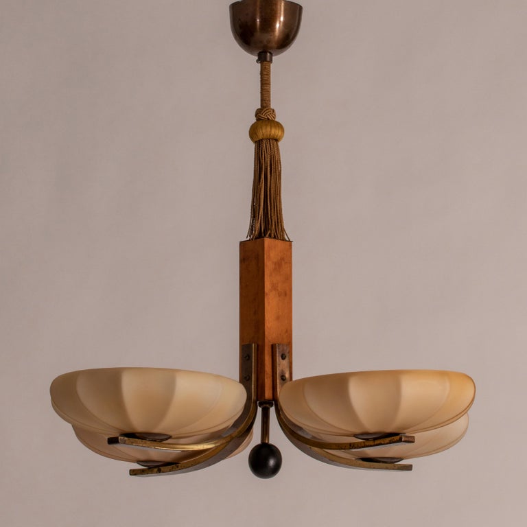 Swedish Birch, Brass and Case Glass Four Arm Chandelier, Circa 1935 In Good Condition For Sale In Philadelphia, PA