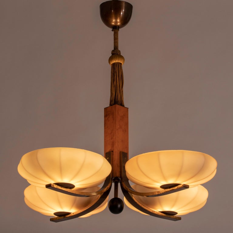 20th Century Swedish Birch, Brass and Case Glass Four Arm Chandelier, Circa 1935 For Sale