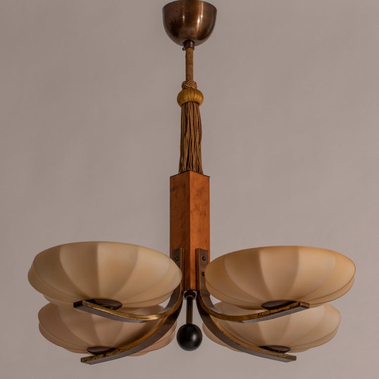 Swedish Birch, Brass and Case Glass Four Arm Chandelier, Circa 1935 For Sale 1