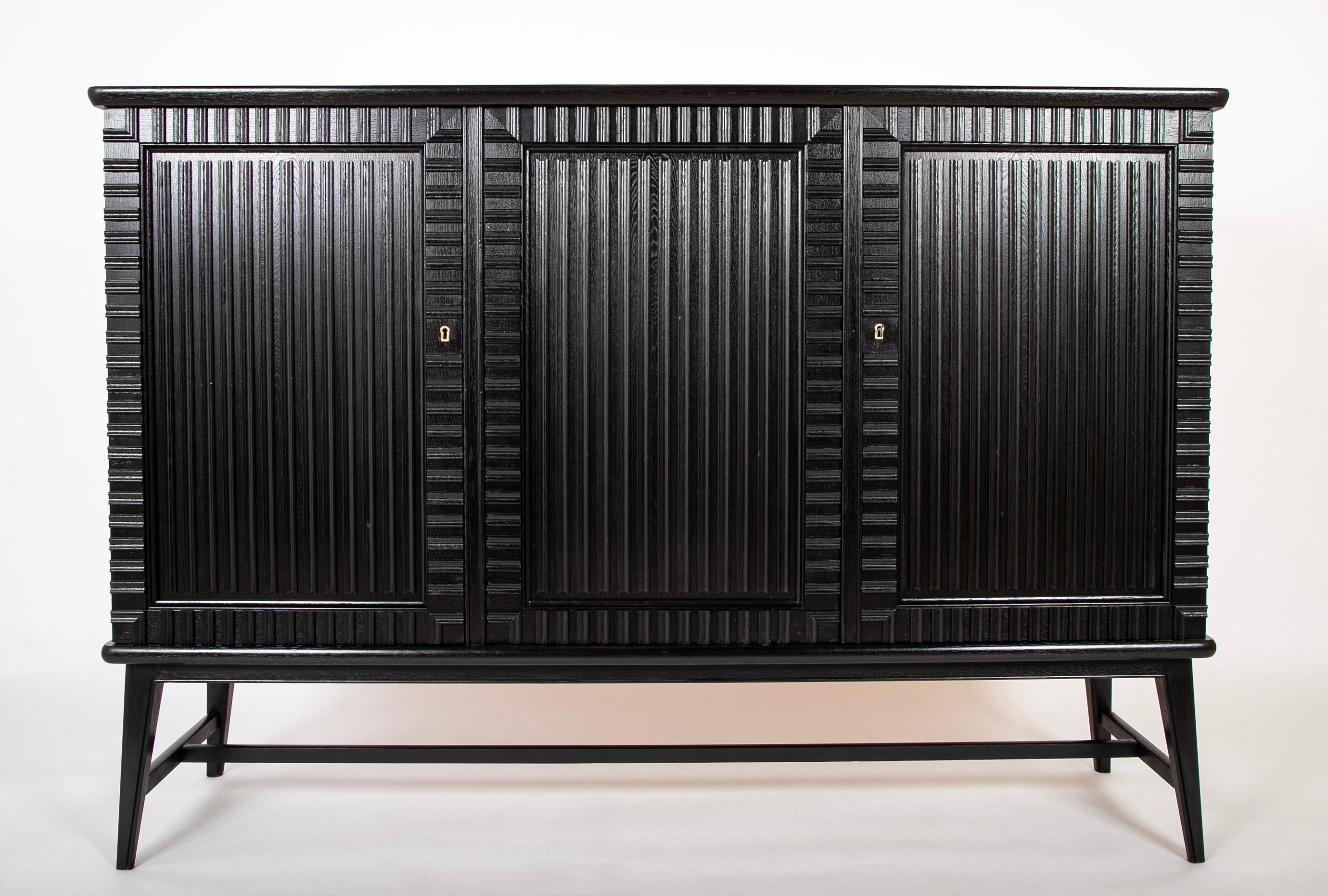 Lacquered Swedish Black Lacquer Three Door Cabinet Attributed to Oscar Nilsson For Sale