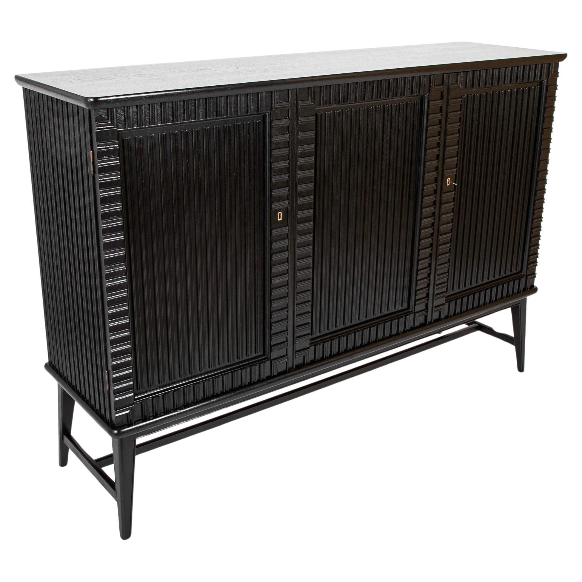 Swedish Black Lacquer Three Door Cabinet Attributed to Oscar Nilsson For Sale