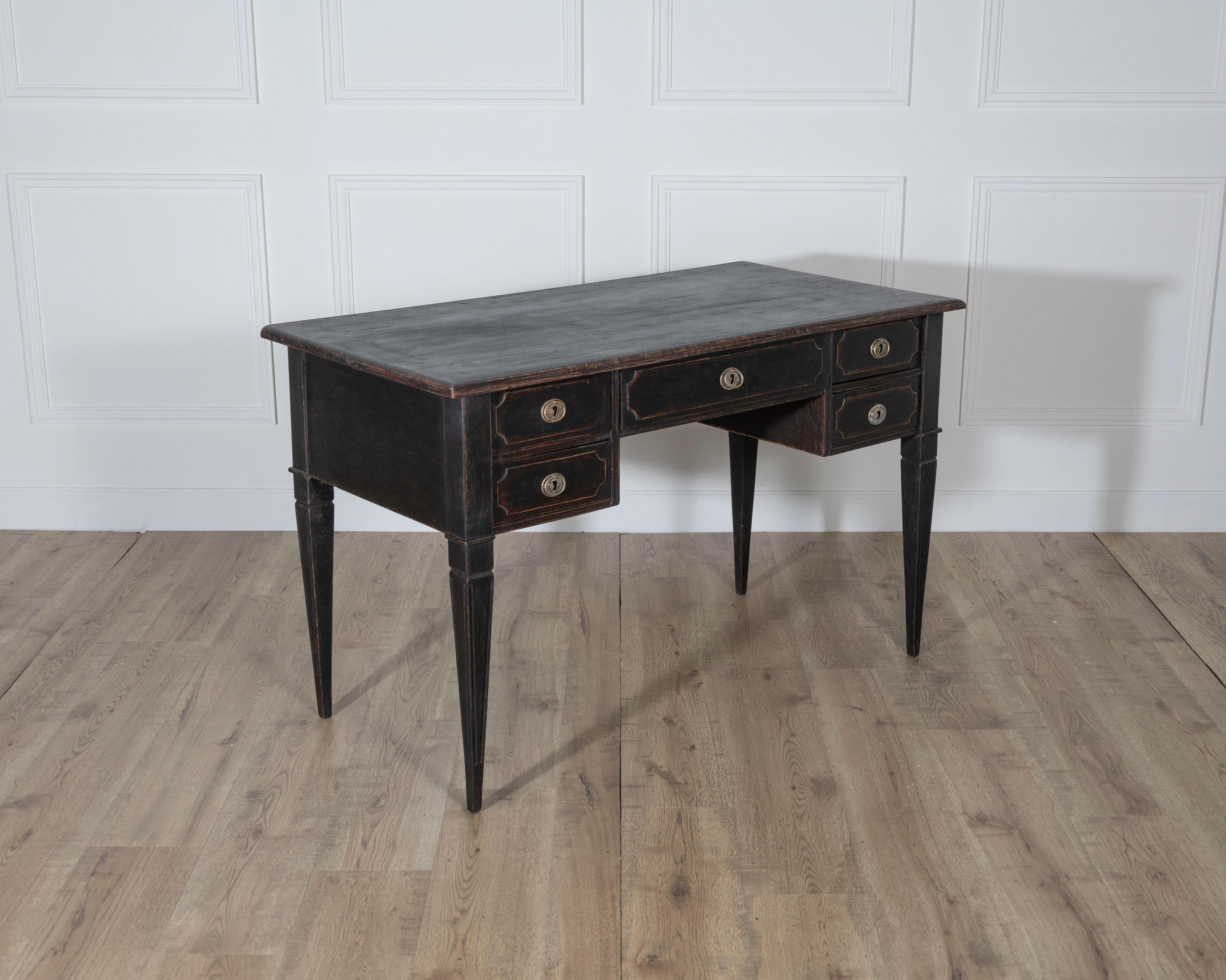 19th Century Swedish Black-Painted Writing Desk with Brass Hardware, circa 1870 For Sale