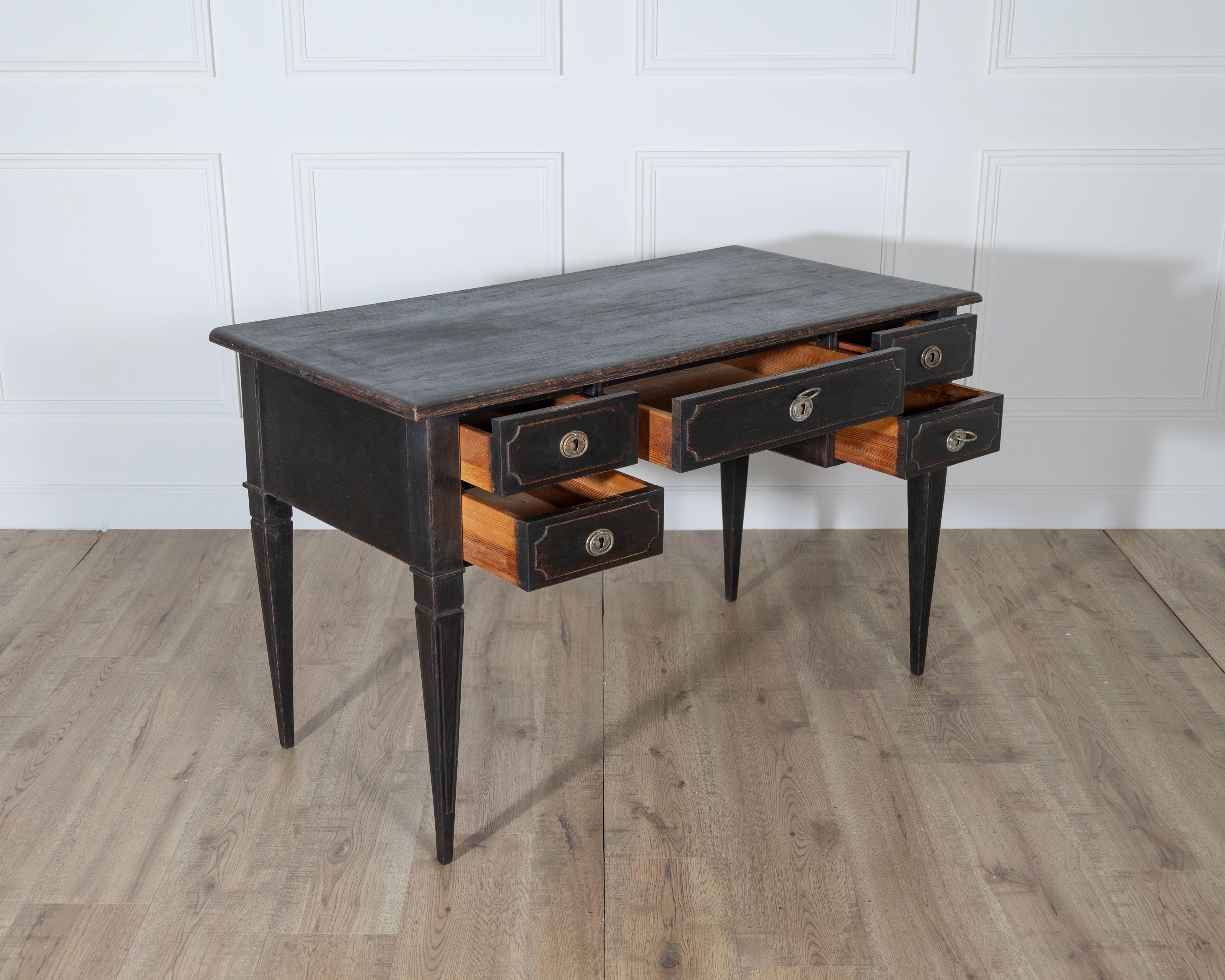 Pine Swedish Black-Painted Writing Desk with Brass Hardware, circa 1870 For Sale
