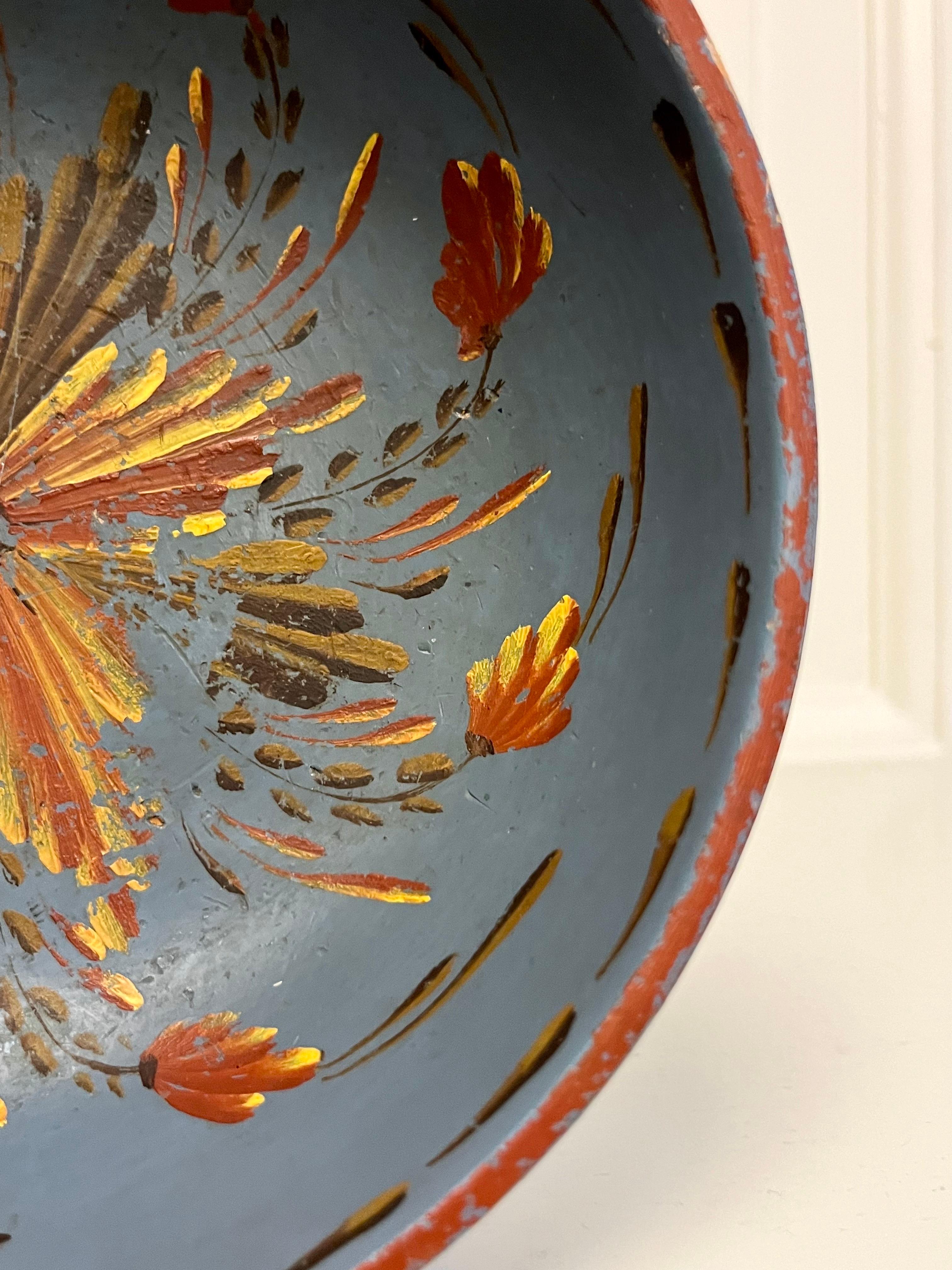 Swedish Blue Allmoge Painted Wooden Folk Art Bowl, Mid-20th Century For Sale 6