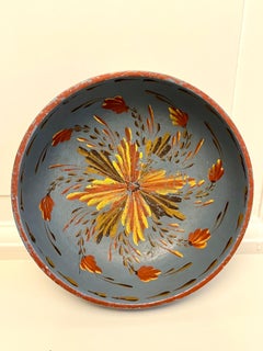 Swedish Blue Allmoge Painted Wooden Folk Art Bowl, Mid-20th Century