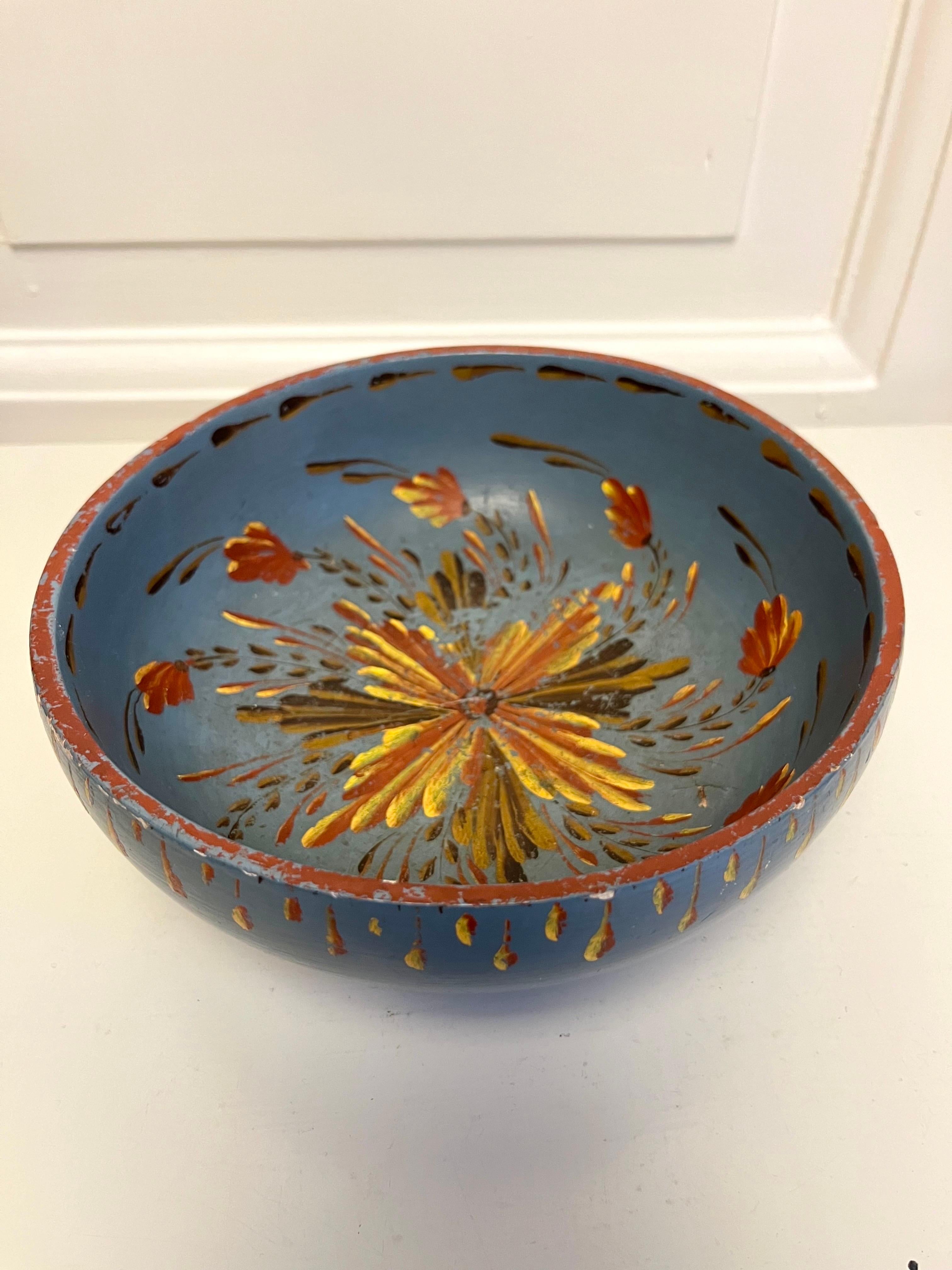 Hand-Painted Swedish Blue Allmoge Painted Wooden Folk Art Bowl, Mid-20th Century For Sale