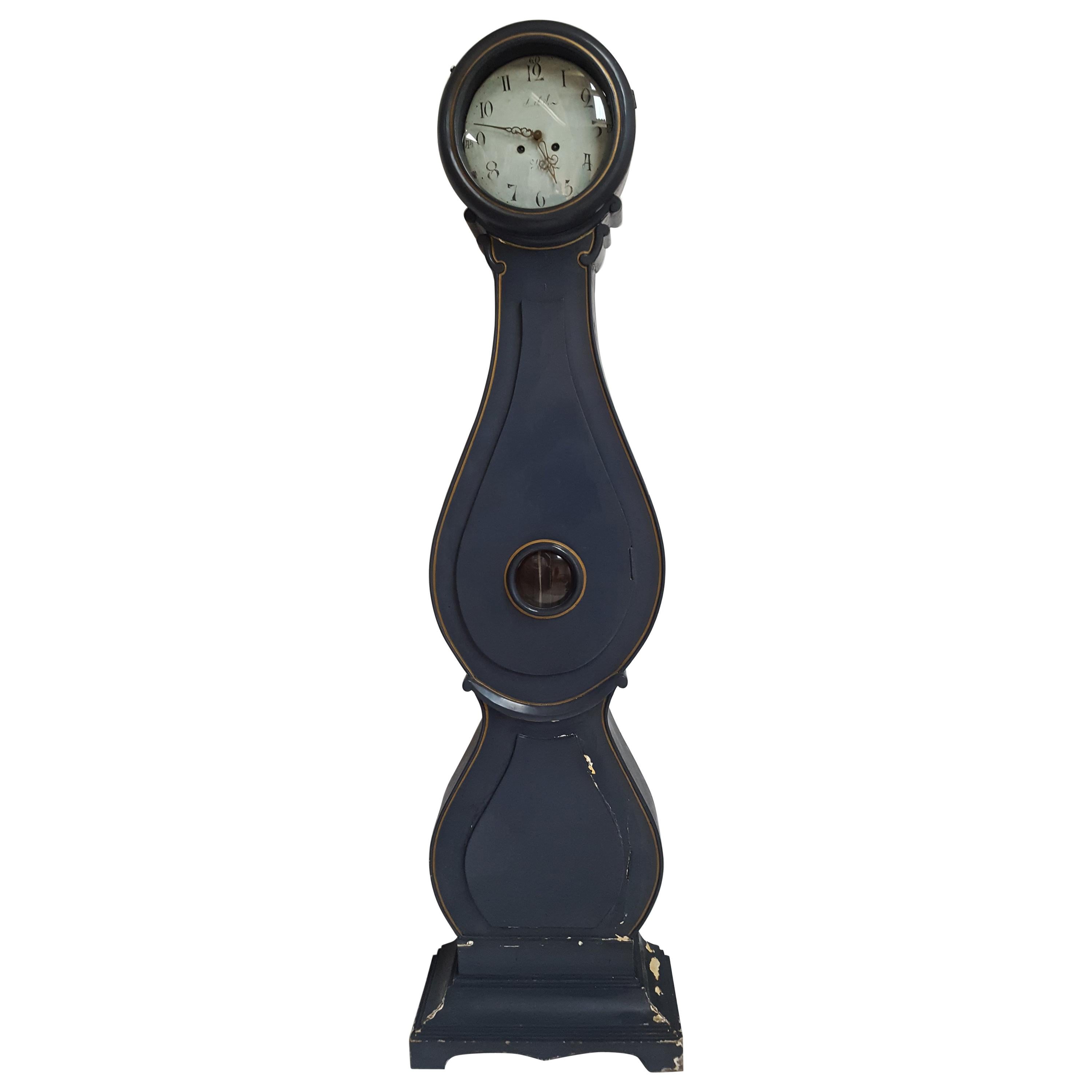 Swedish Blue Black Mora Clock Early 1800s Antique Fryksdall Country Painted