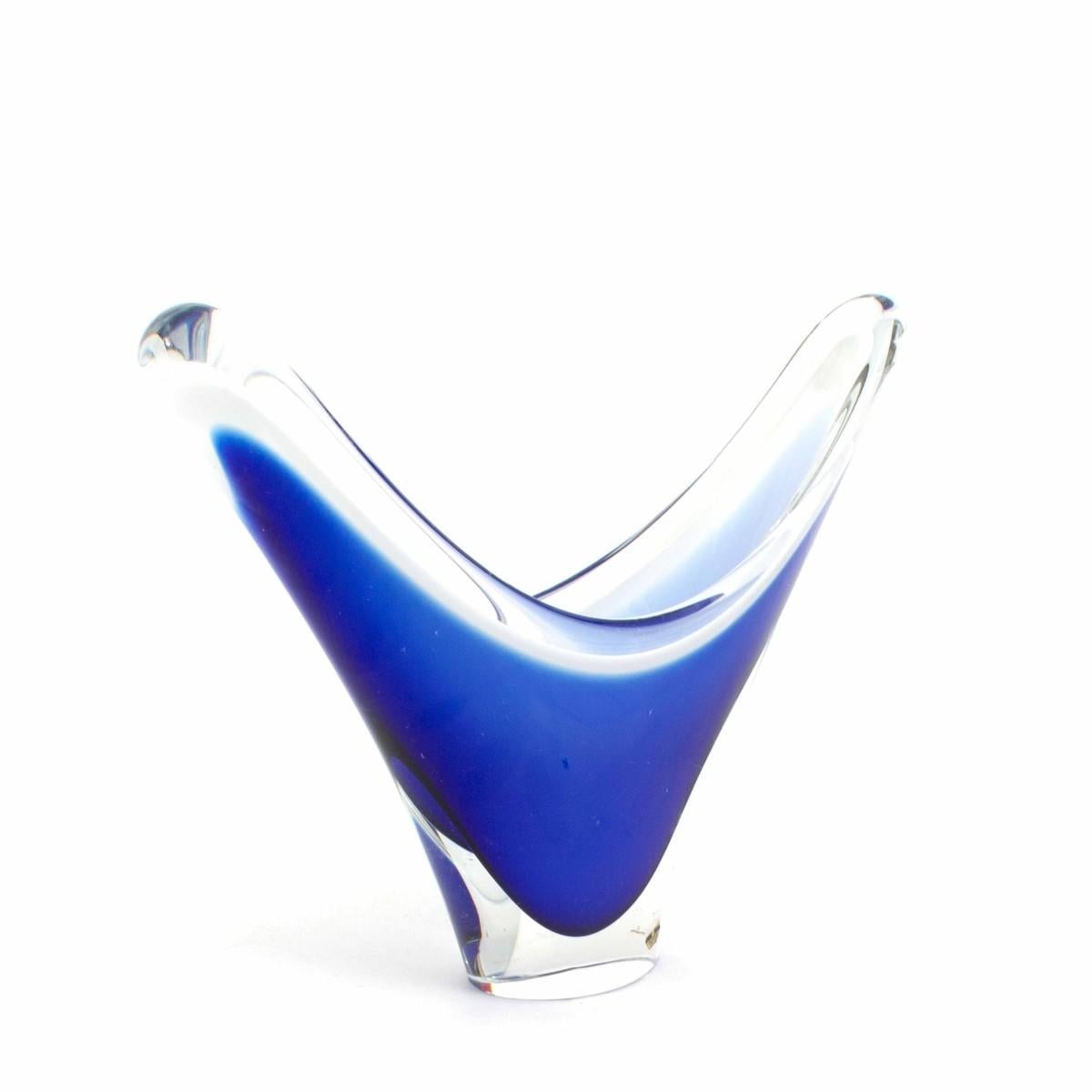 Modern Swedish Blue and Clear Art Glass Bowl by Flygsfors 