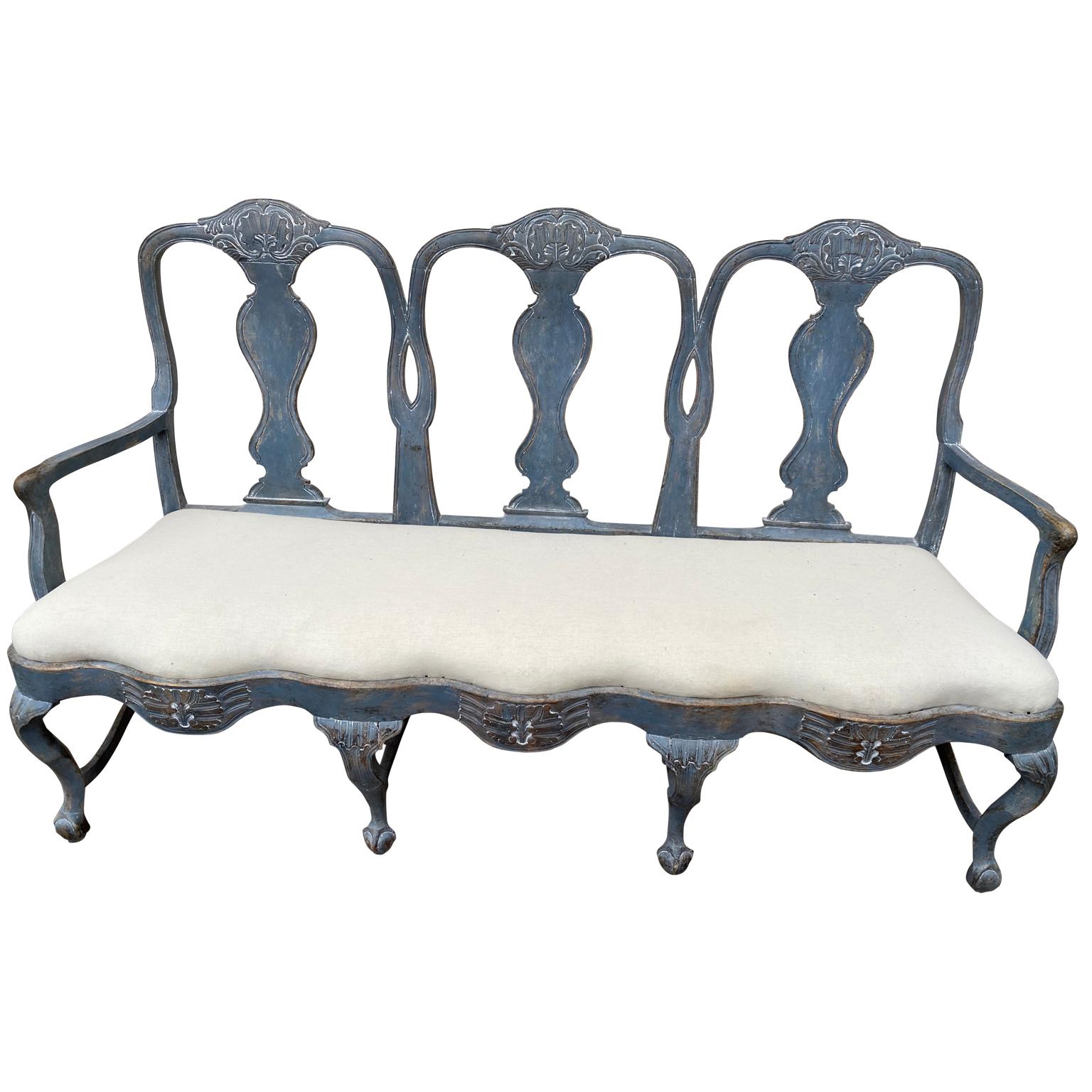 Large three person Rococo sofa in blue hand painted decoration in great sturdy condition.