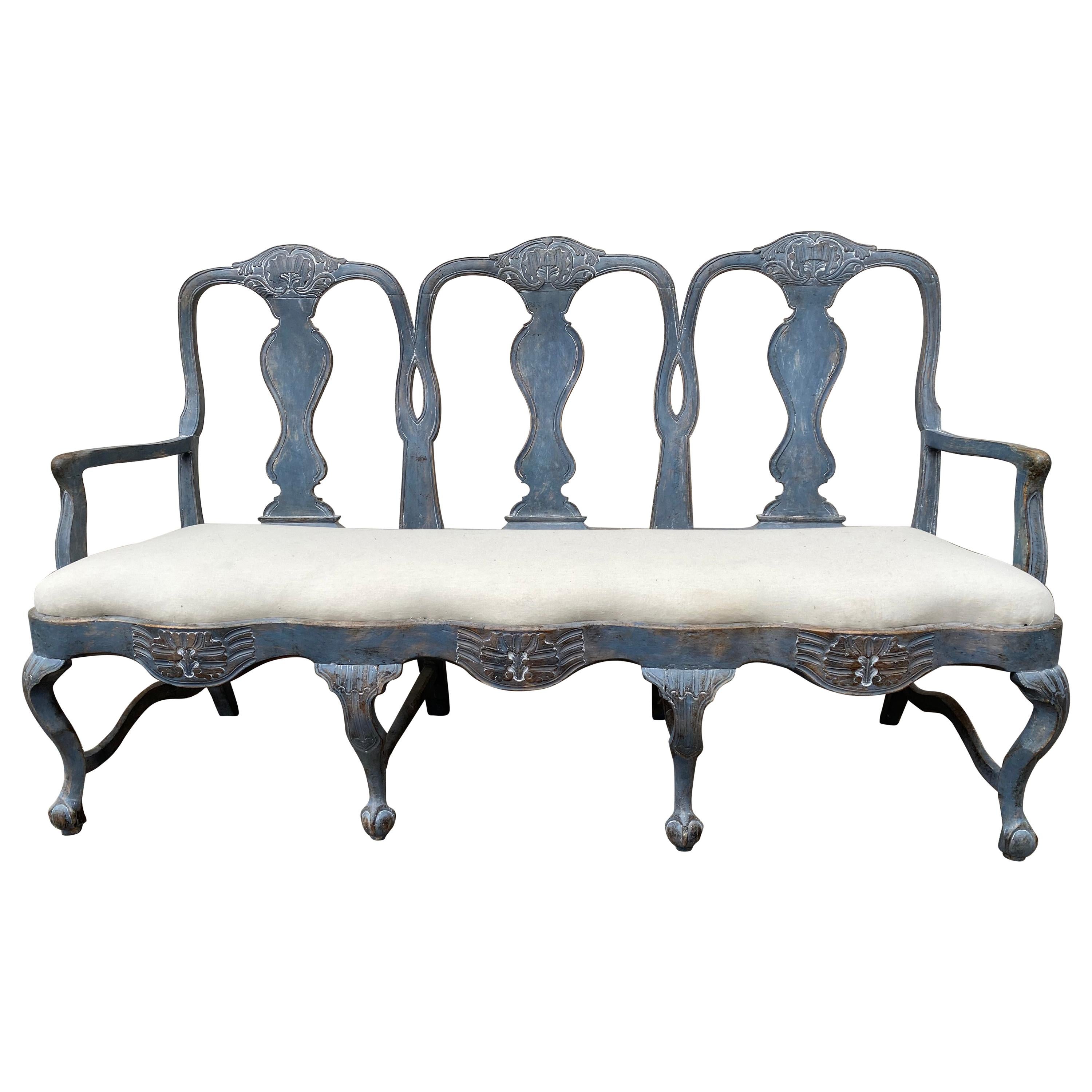 Swedish Blue Painted 3 Person Rococo Sofa Settee, circa 1780-1790