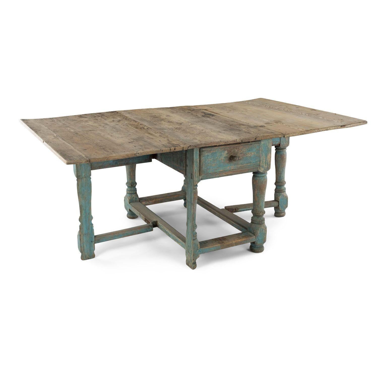 Iron Swedish Blue-Painted Baroque Drop-Leaf Dining Table For Sale