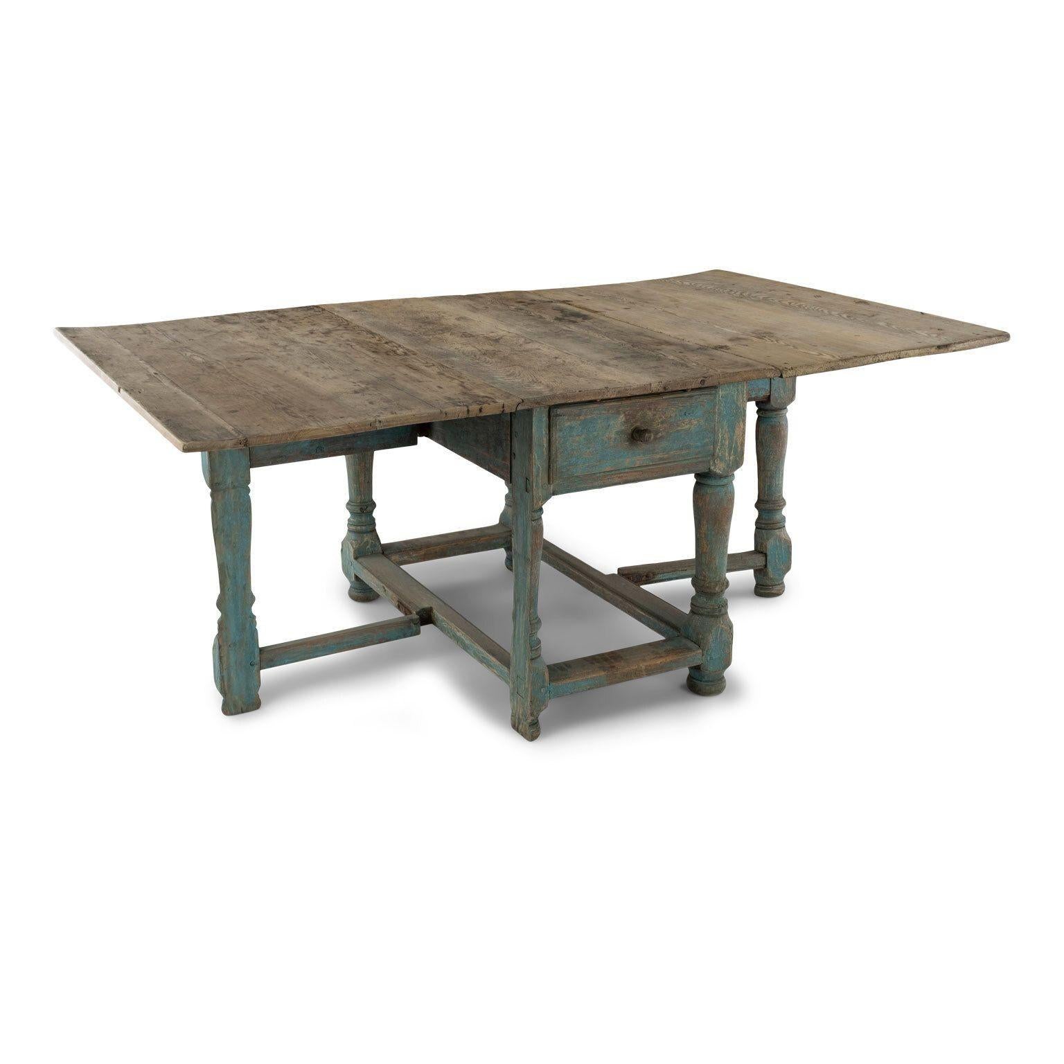 Swedish Blue-Painted Baroque Drop-Leaf Dining Table For Sale 1