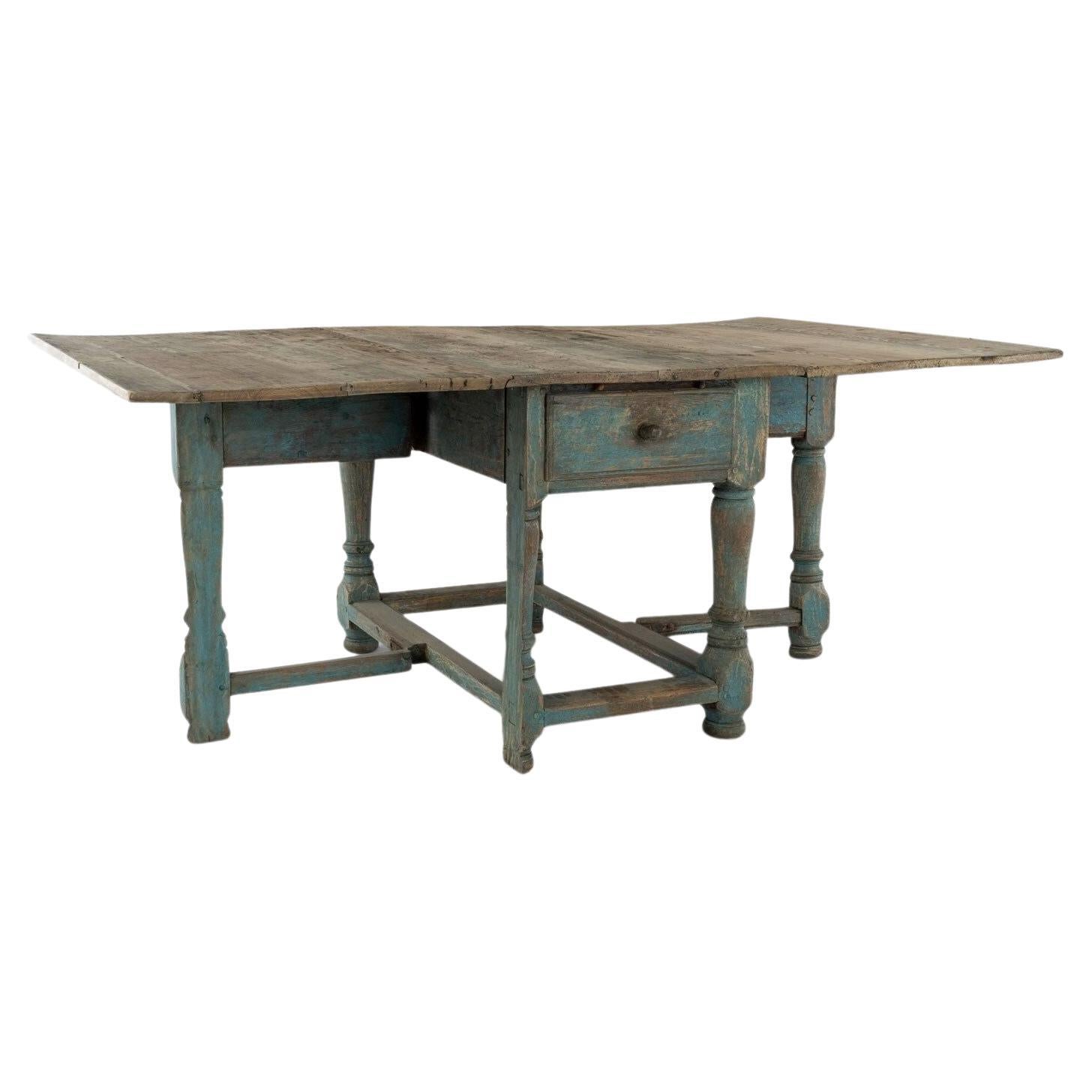 Swedish Blue-Painted Baroque Drop-Leaf Dining Table For Sale