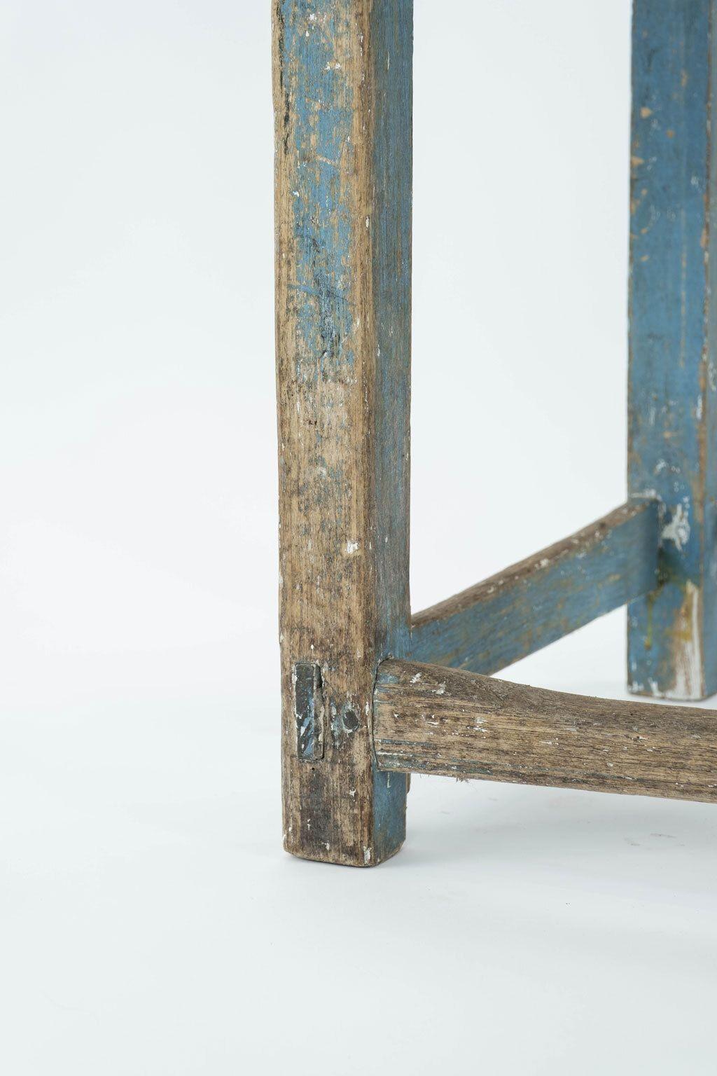 Swedish blue-painted rustic rococo side chair circa 1740-1779. Pierced back splat, remnants of early blue paint over original red and joined construction. Sturdy, solid with all joints retightened.