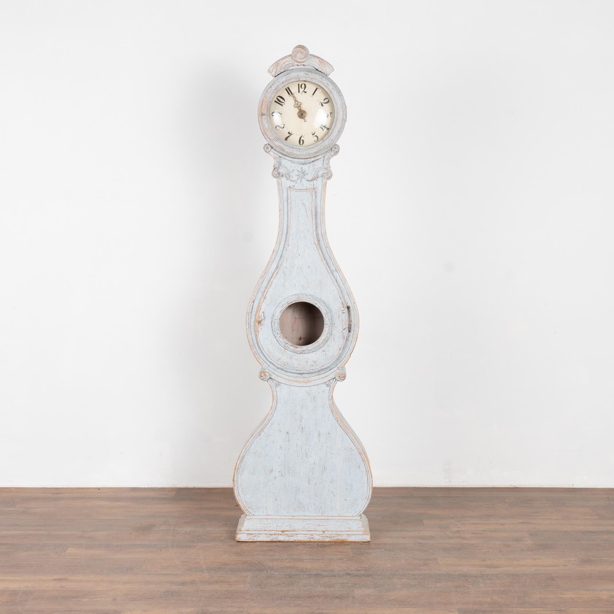Swedish Blue Pine Mora Grandfather Clock, circa 1820-40 In Fair Condition In Round Top, TX