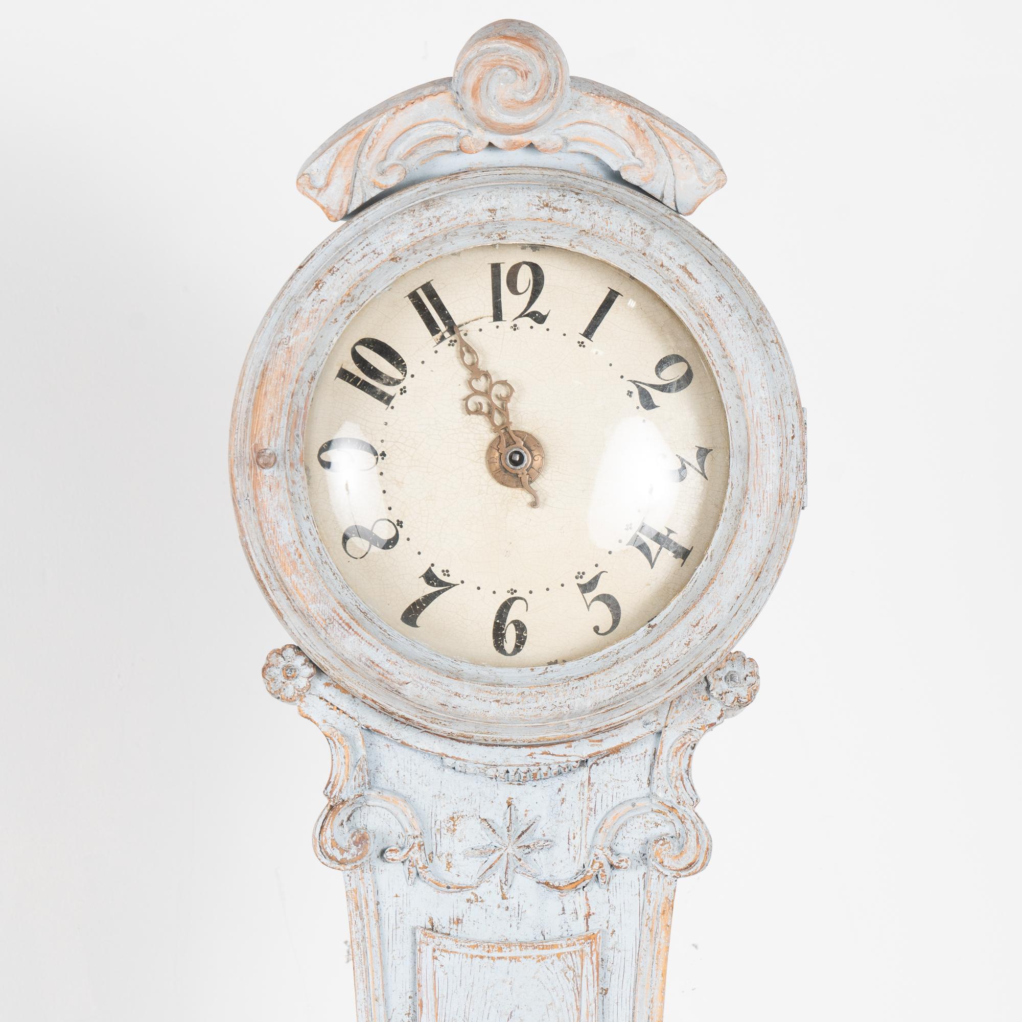 19th Century Swedish Blue Pine Mora Grandfather Clock, circa 1820-40