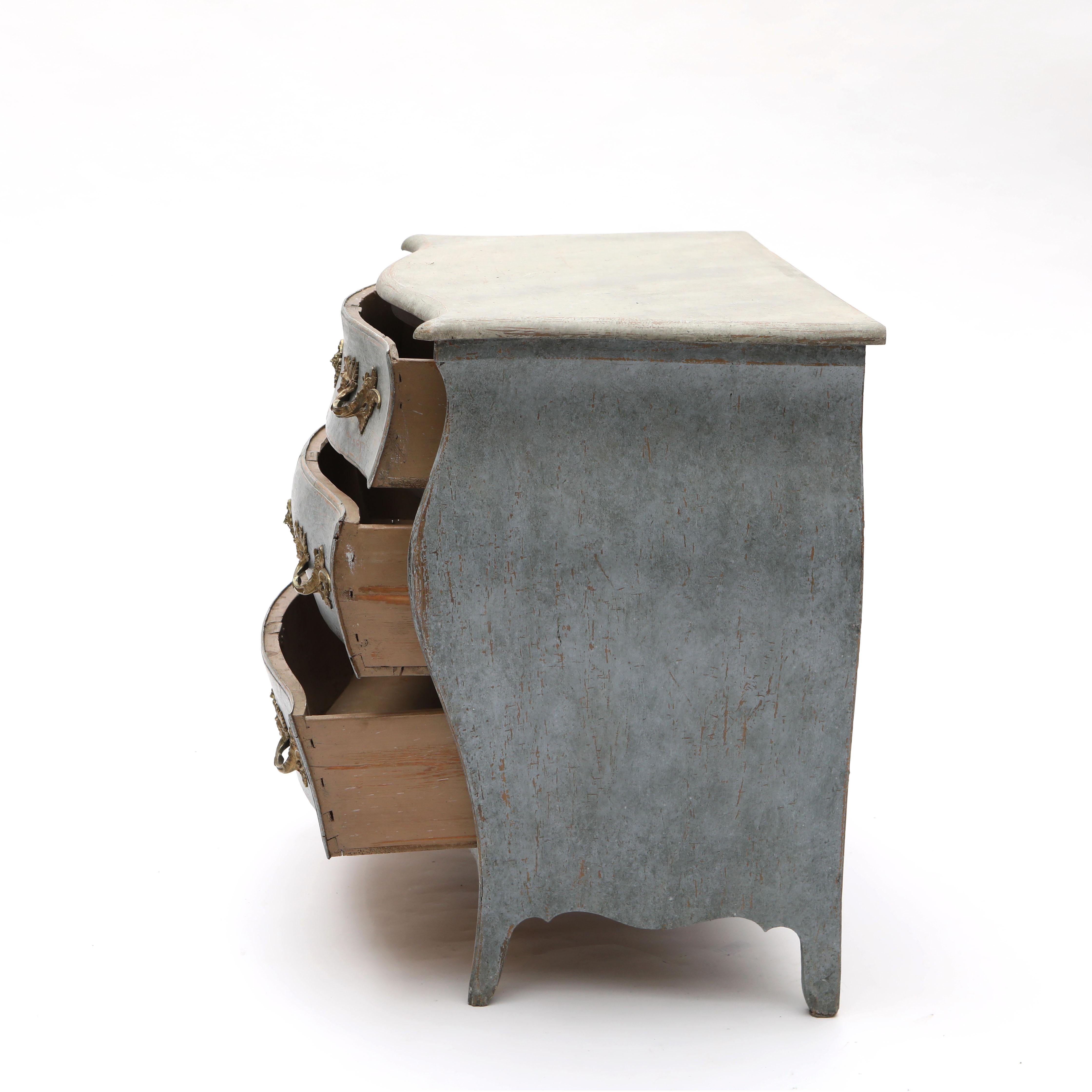 Painted Swedish Blue Rococo Chest of Drawers For Sale