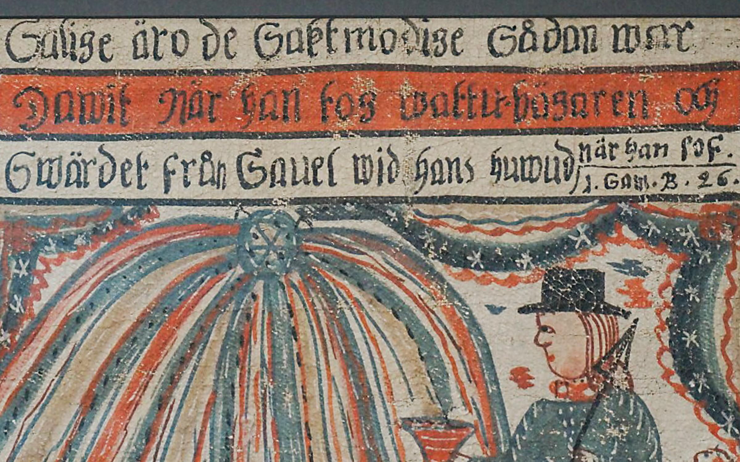 Folk Art Swedish Bonad with David Taking Saul's Spear
